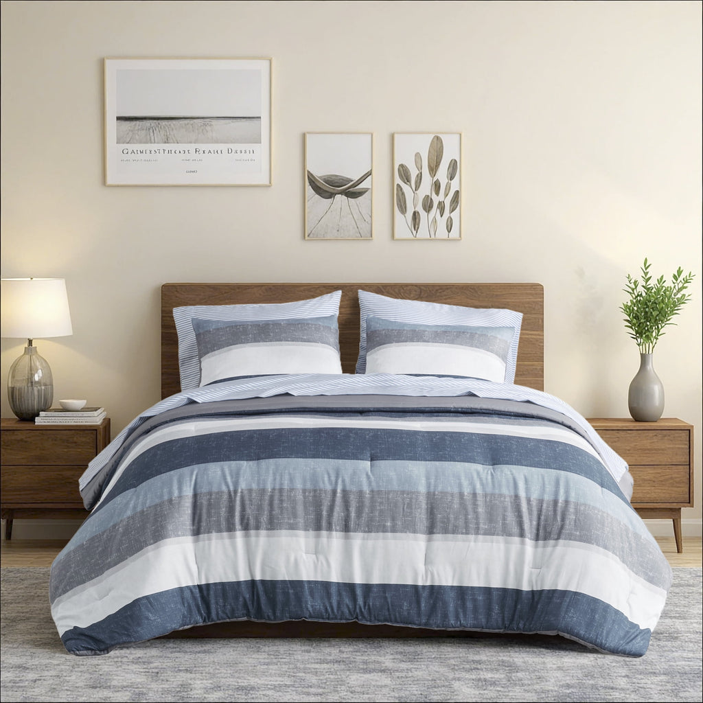 Regency Heights 5 Piece Stripe Comforter Set, Twin Size Bed in a Bag Bedding Set for Dorm Room, Comforter Bed Set with Flat Sheet and Fitted Sheet, Blue Grey