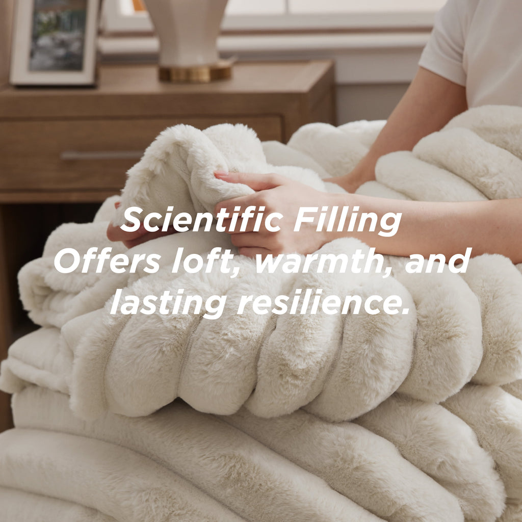 U by Bedsure Faux Fur Queen Comforter Set - Beige Fluffy Comforter Queen Size, Soft and Cozy Shaggy Bedding Comforter Sets, Winter Warm Luxury Fuzzy Bed Set 3 Pieces, 1 Comforter and 2 Pillowcases