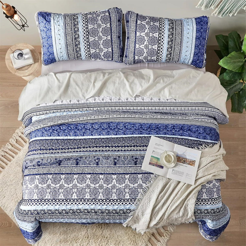 Dintszyayue Bohemian Quilt Set Queen Size,Blue Stripe 1Bedspread and 2Pillowcase Lightweight Adult(90"x96")