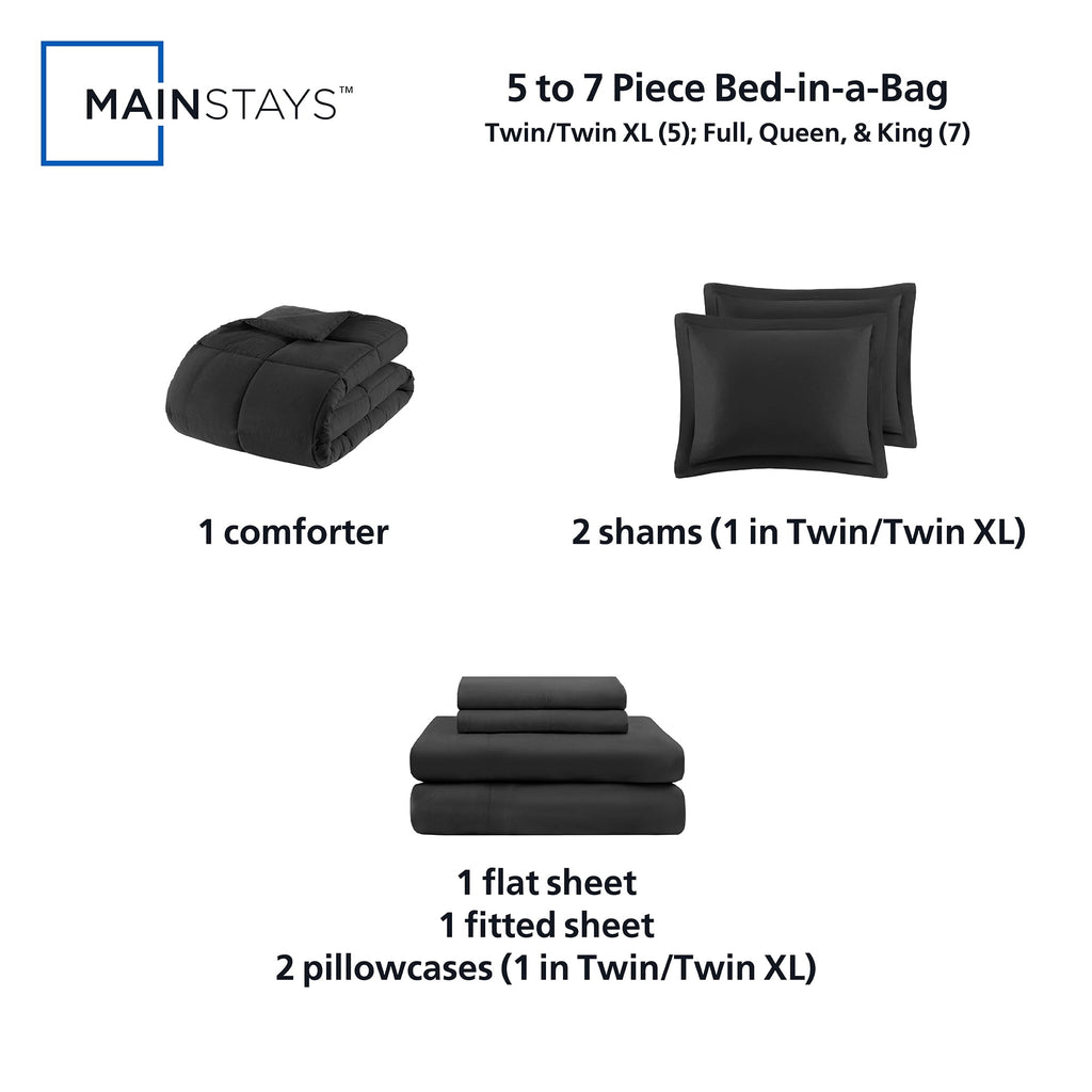 Mainstays 7-Piece Down Alternative Bed in a Bag Comforter Set, Black, Queen