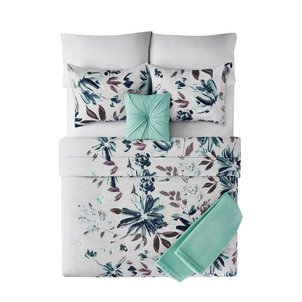 Mainstays 5-Piece Blue Floral Comforter Set, Full/Queen