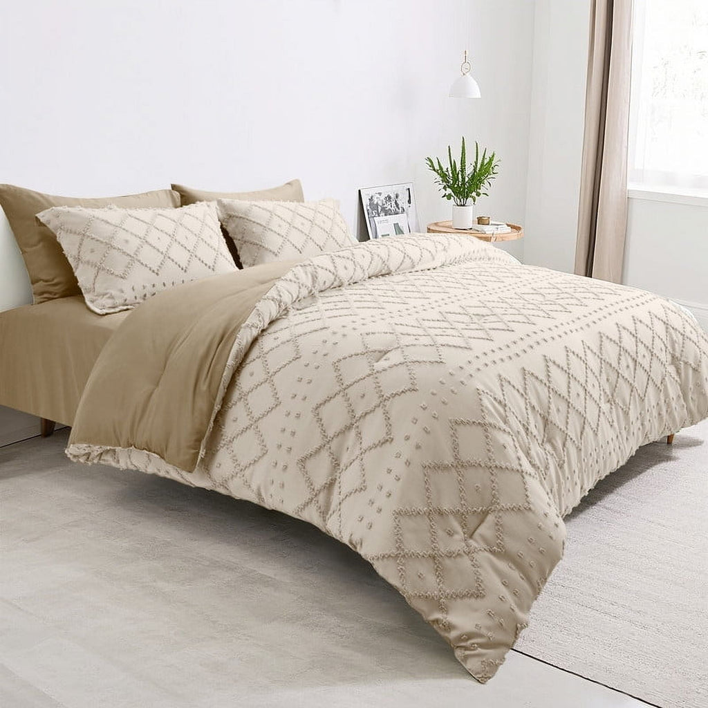 JUSTLET Comforter Set 7 Pieces Bed in a Bag, Beige Reversible Tufted Bedding Set with Comforter, Fitted Sheet, Flat Sheet, Pillow Shams, Pillowcases, Queen