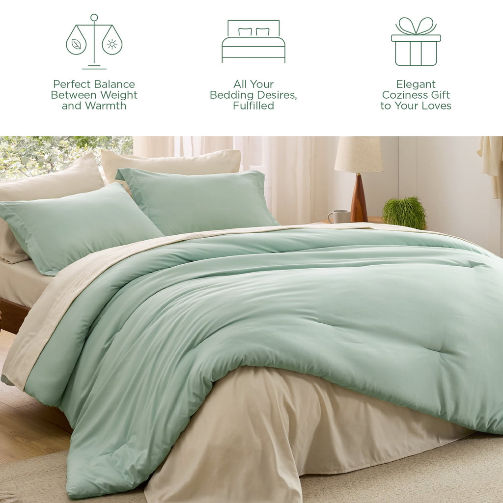 Queen Comforter Set Sage Green, 7 Pieces Soft Comforter with Sheets, Pillowcases & Shams, All Season Boho, Contrasting Design, 80GSM