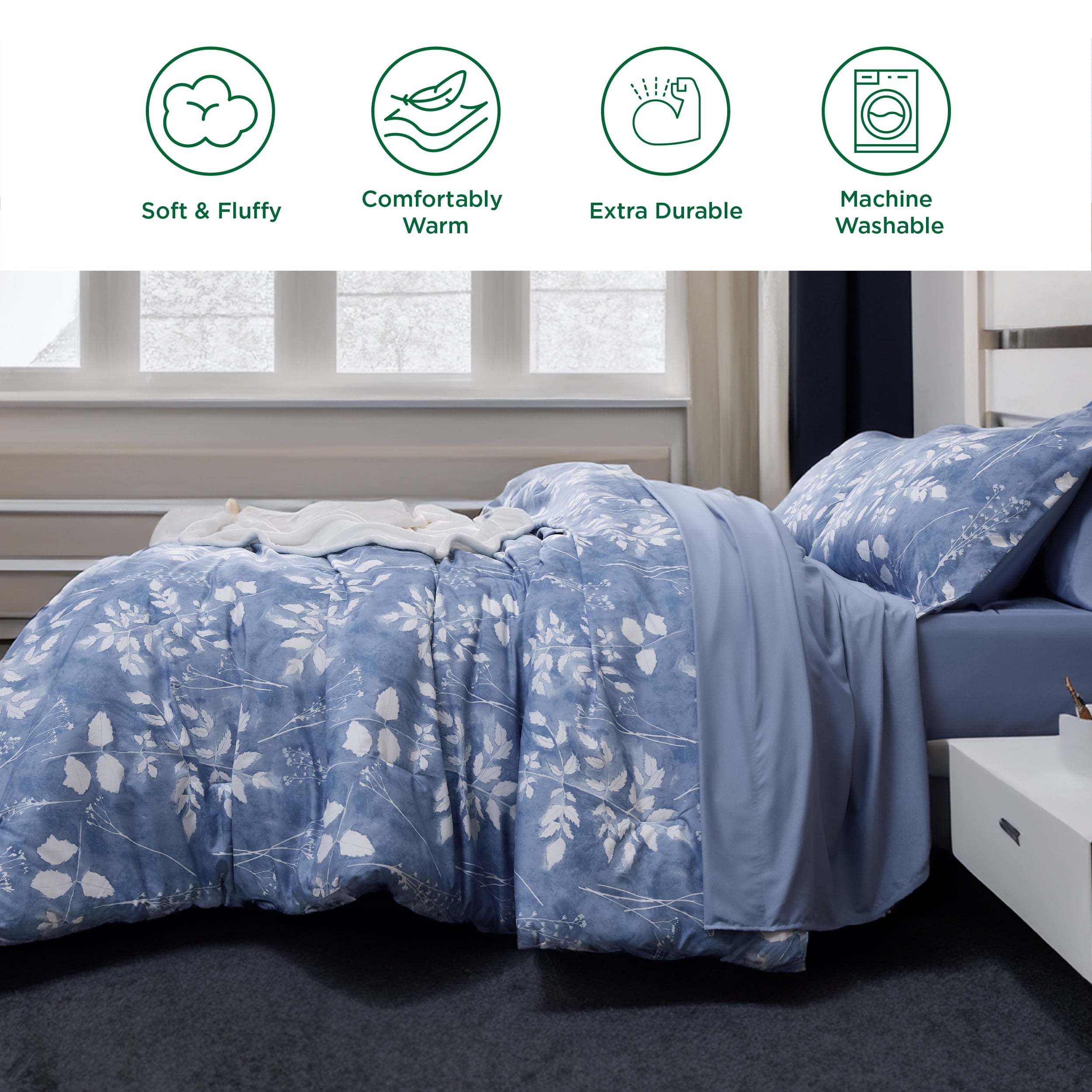 U by Bedsure Queen Comforter Set - 7 Pieces Blue Floral Bedding Sets Queen Bed in a Bag with Reversible Botanical Flowers Comforter, Sheets, Pillowcases & Shams (Queen, Blue)