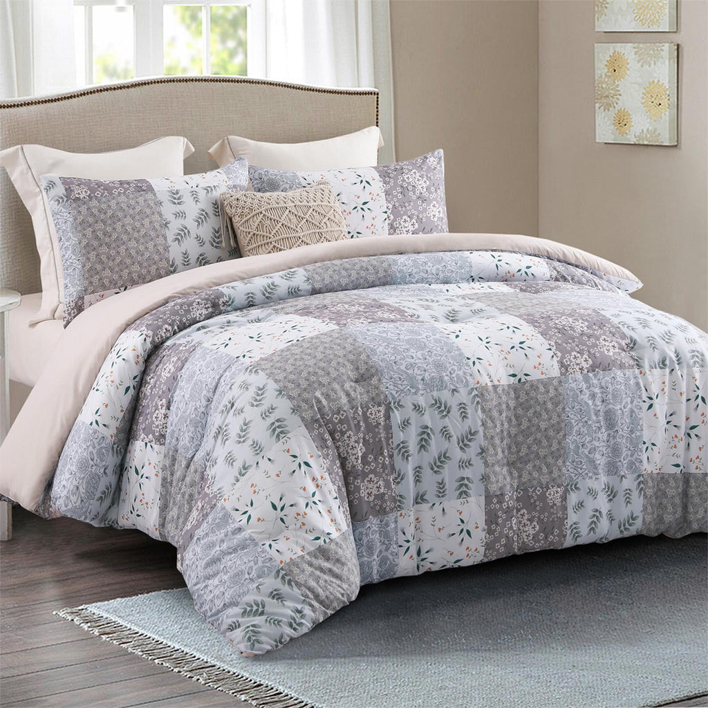 Whale Flotilla 3-Piece King Comforter Set, Soft Reversible Bedding Comforter Sets, Patchwork Printed Down Alternative Comforter Duvet for All Seasons, Grey