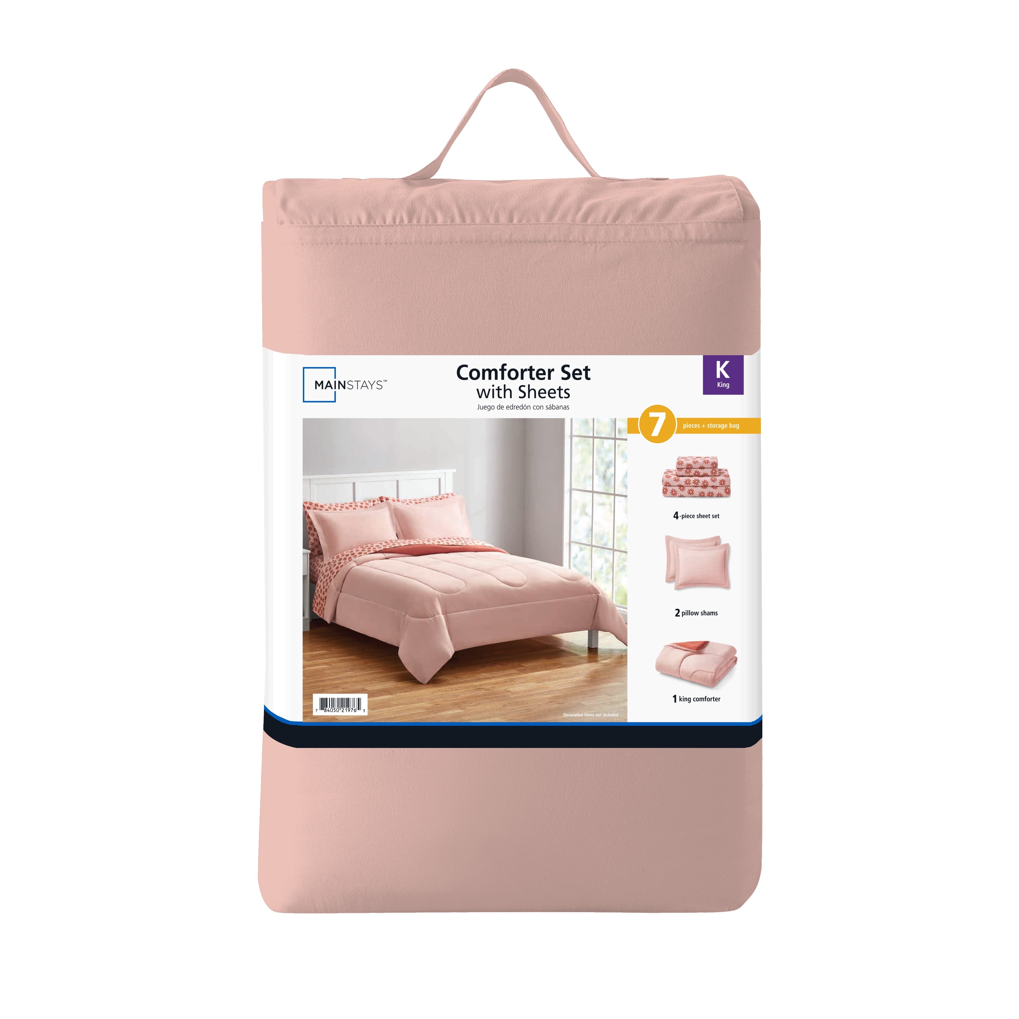 Mainstays 7-Piece Reversible Bed in a Bag Comforter Set with Sheets, Pink, King