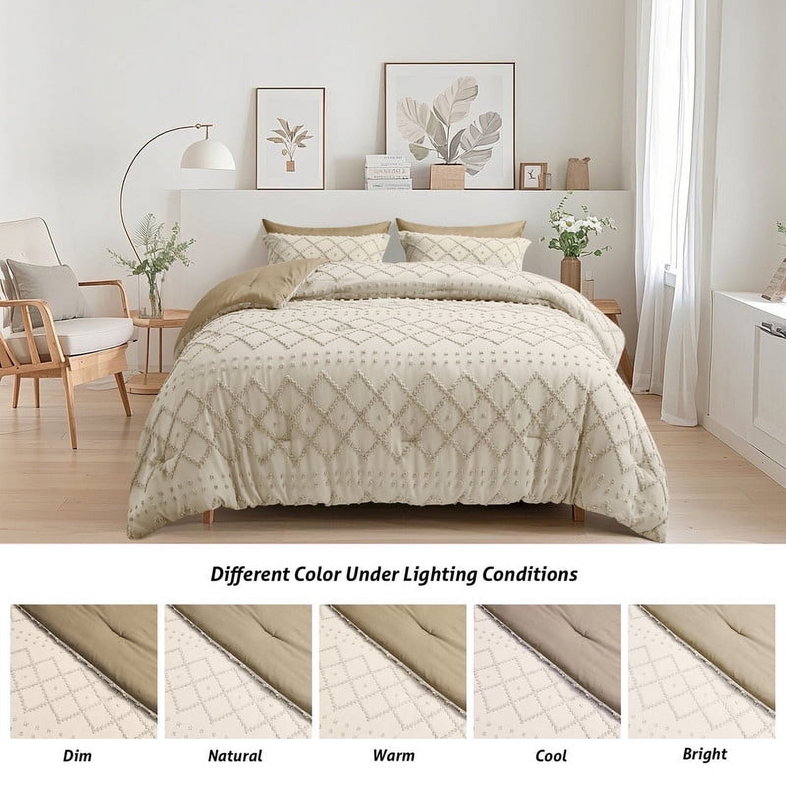 JUSTLET Comforter Set 7 Pieces Bed in a Bag, Beige Reversible Tufted Bedding Set with Comforter, Fitted Sheet, Flat Sheet, Pillow Shams, Pillowcases, Queen