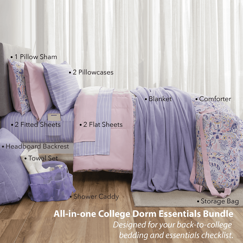 14pc College Dorm Essentials Bundle, Twin-XL, Reversible Bed in a Bag Comforter Set, Purple Floral