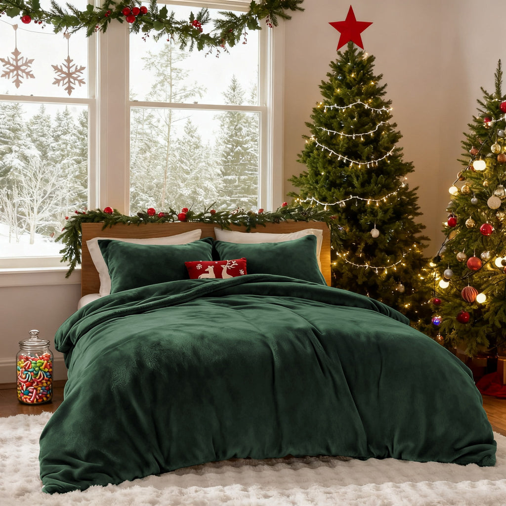 JOLUSERE Dark Green Velvet Duvet Cover King Set, 3-Piece Ultra Soft Fluffy Velvet Winter Bedding Cover