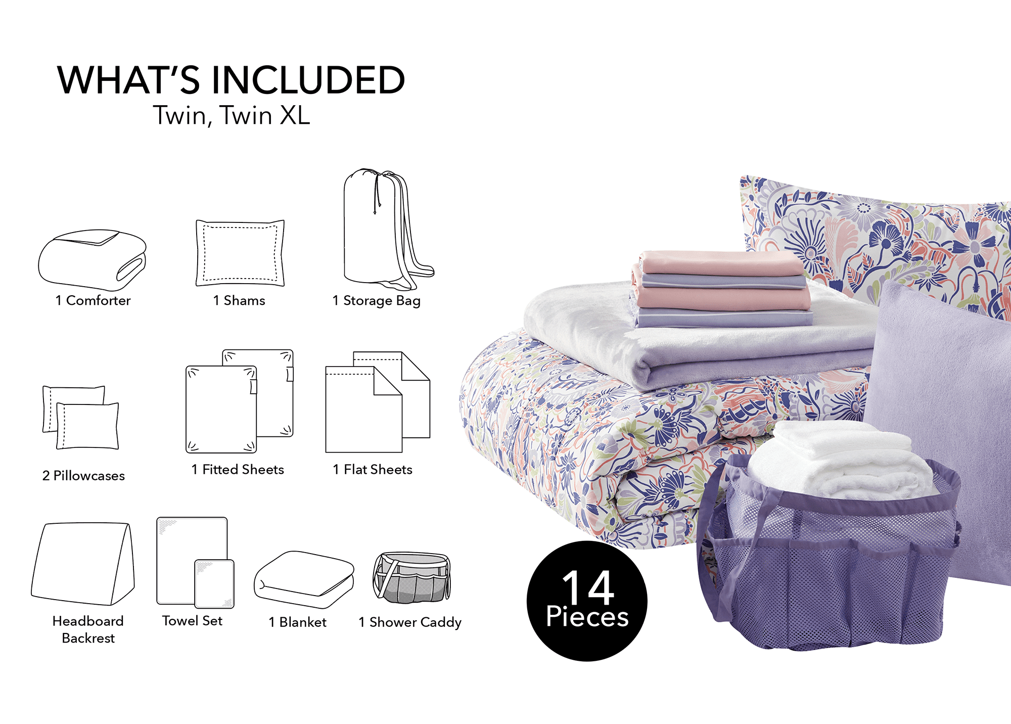 14pc College Dorm Essentials Bundle, Twin-XL, Reversible Bed in a Bag Comforter Set, Purple Floral