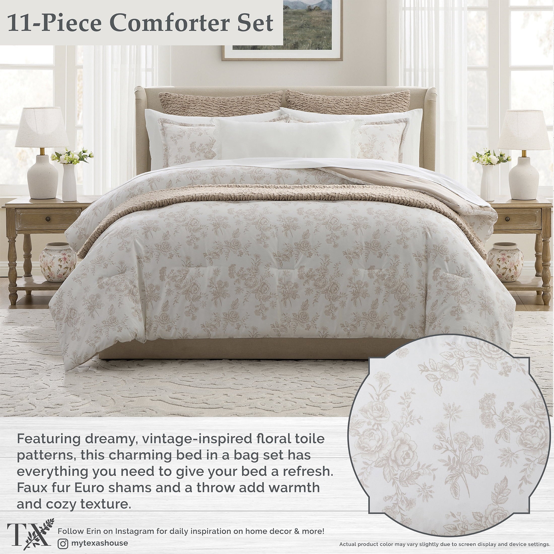 My Texas House Floral 11-Piece Comforter Set with Sheets, Taupe, Queen