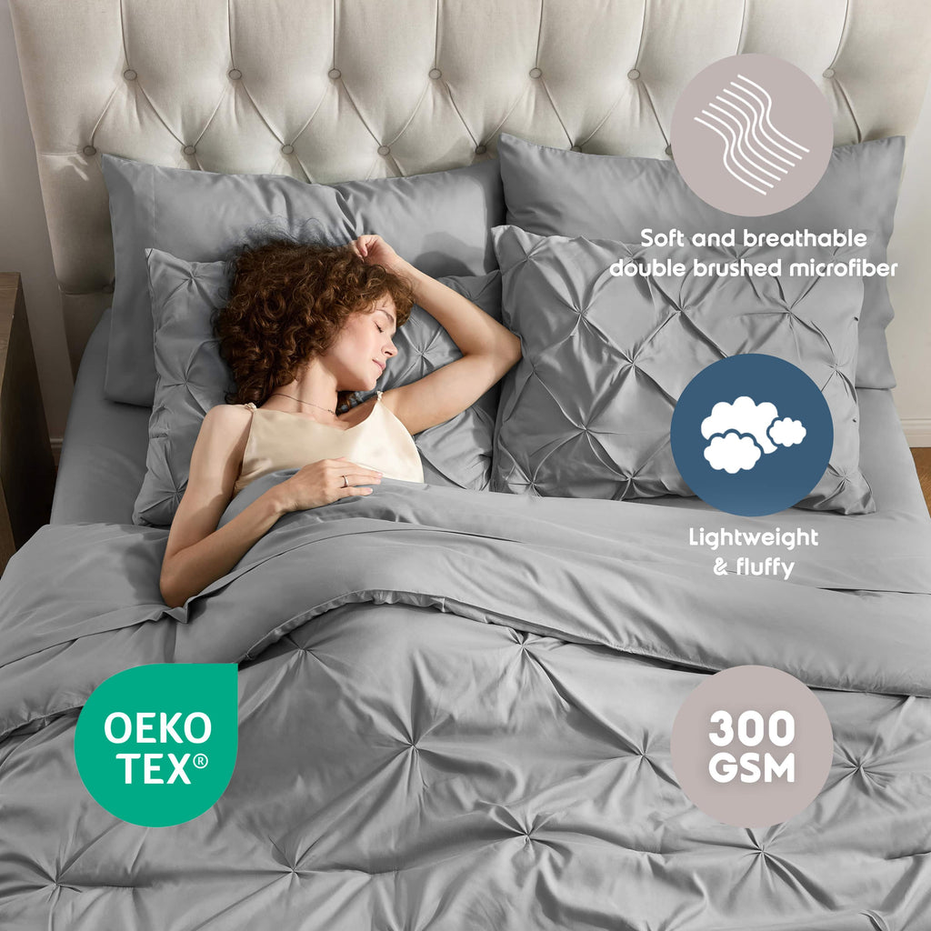 Virtu Queen Comforter Set, 7pc Bed in a Bag, Pleated Bedding Comforter Sets Queen, Gray/Silver