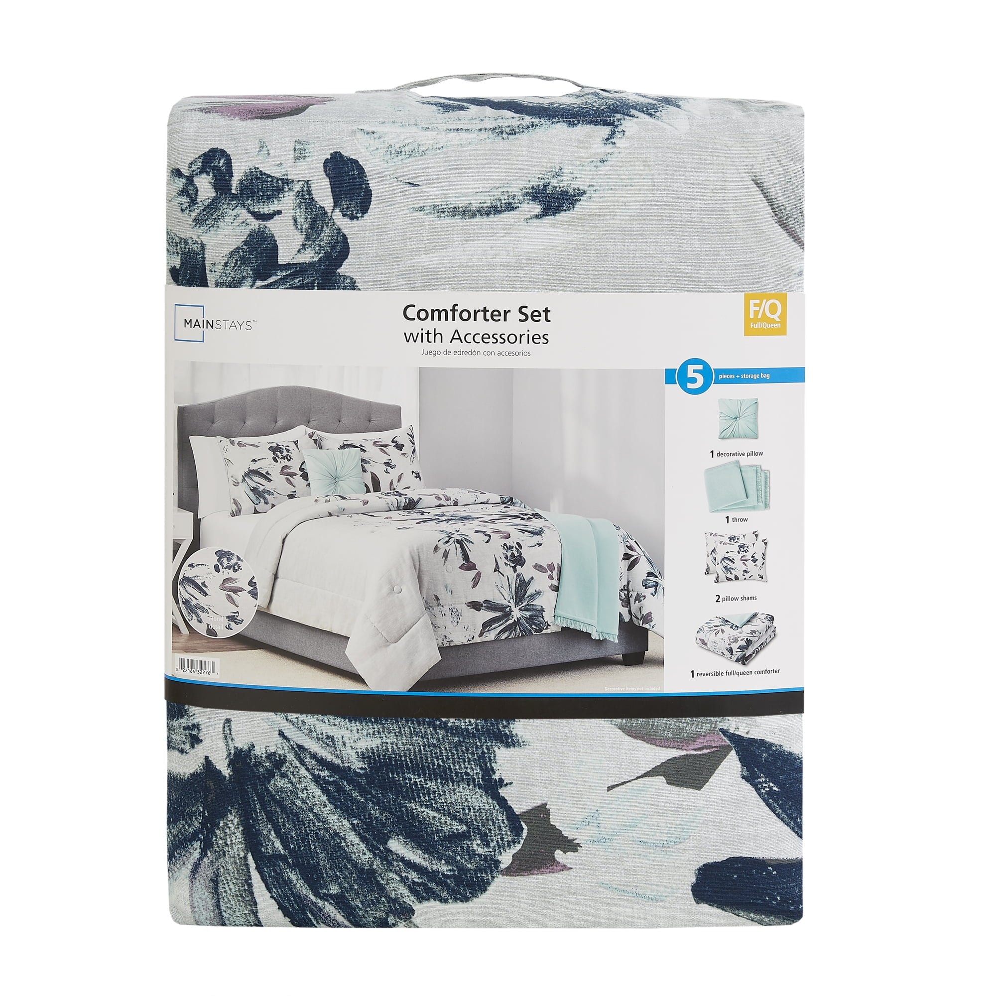 Mainstays 5-Piece Blue Floral Comforter Set, Full/Queen