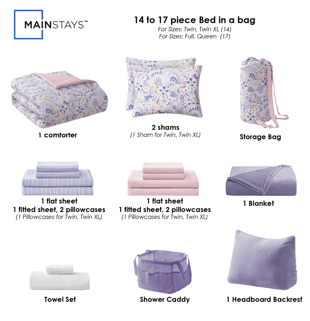 14pc College Dorm Essentials Bundle, Twin-XL, Reversible Bed in a Bag Comforter Set, Purple Floral