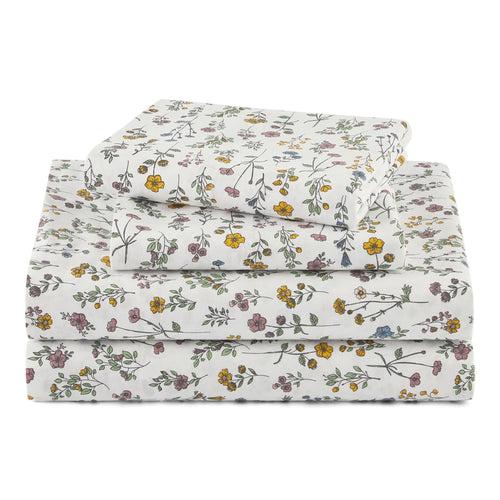 Beautiful Botanical 4-Piece 100% Cotton Washed Percale White Sheet Set, Queen by Drew Barrymore