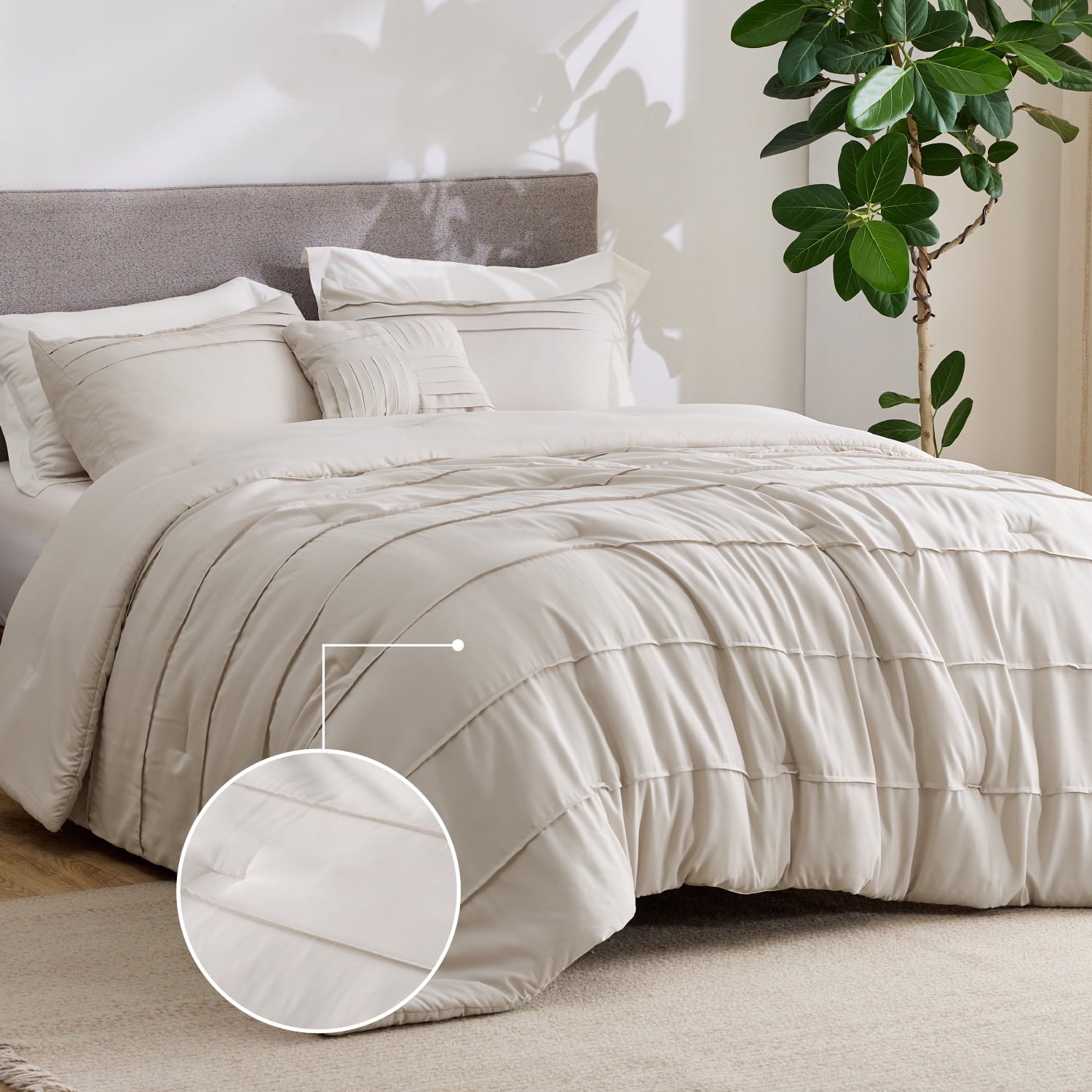 Full Comforter Set with Sheet - 4 Pieces Soft Grey Bedding Sets, Grid Pinch Pleat, All Season Lightweight Fluffy Bed Set with Solid Boho Comforter, Pillowcases & Sheet