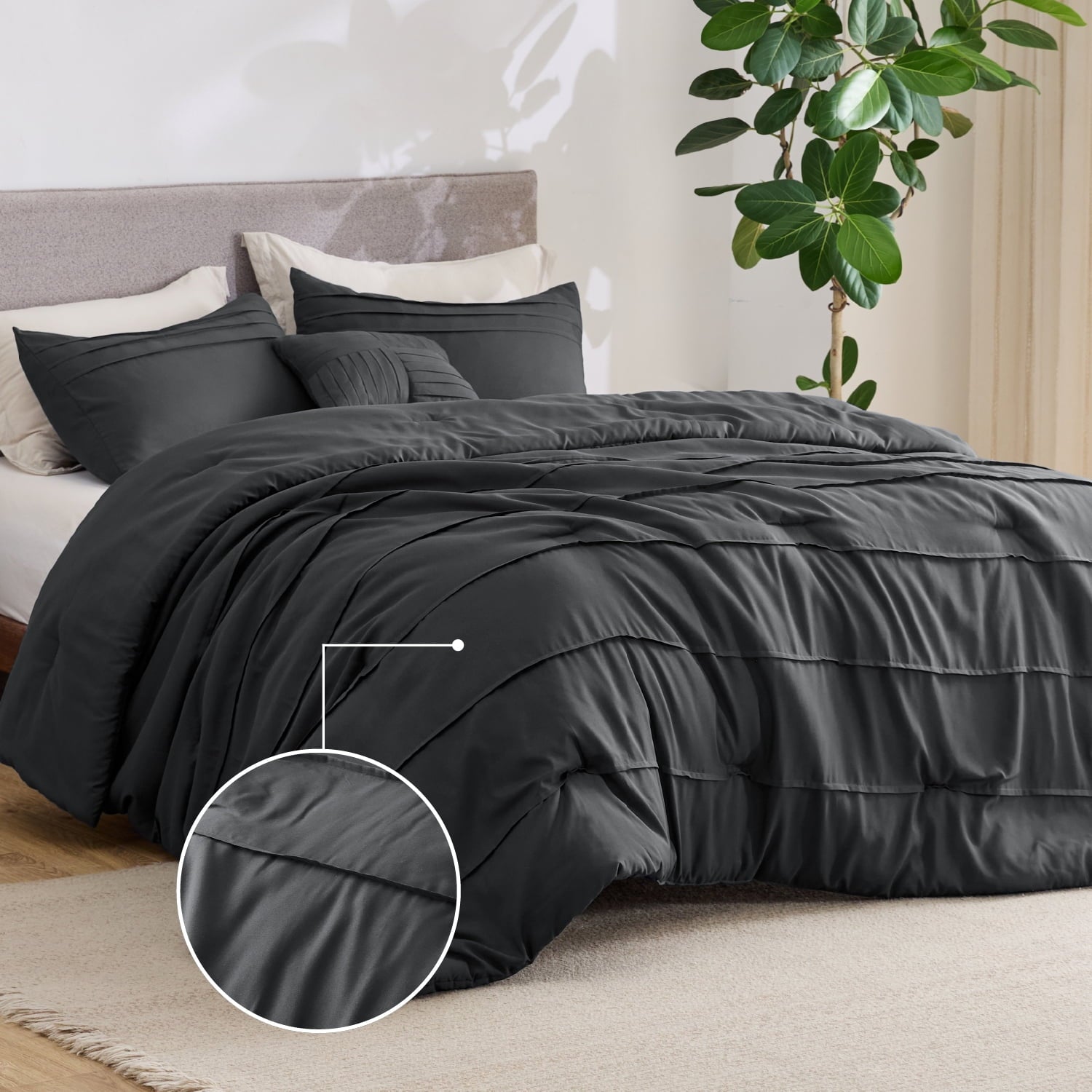 Full Comforter Set with Sheet - 4 Pieces Soft Grey Bedding Sets, Grid Pinch Pleat, All Season Lightweight Fluffy Bed Set with Solid Boho Comforter, Pillowcases & Sheet
