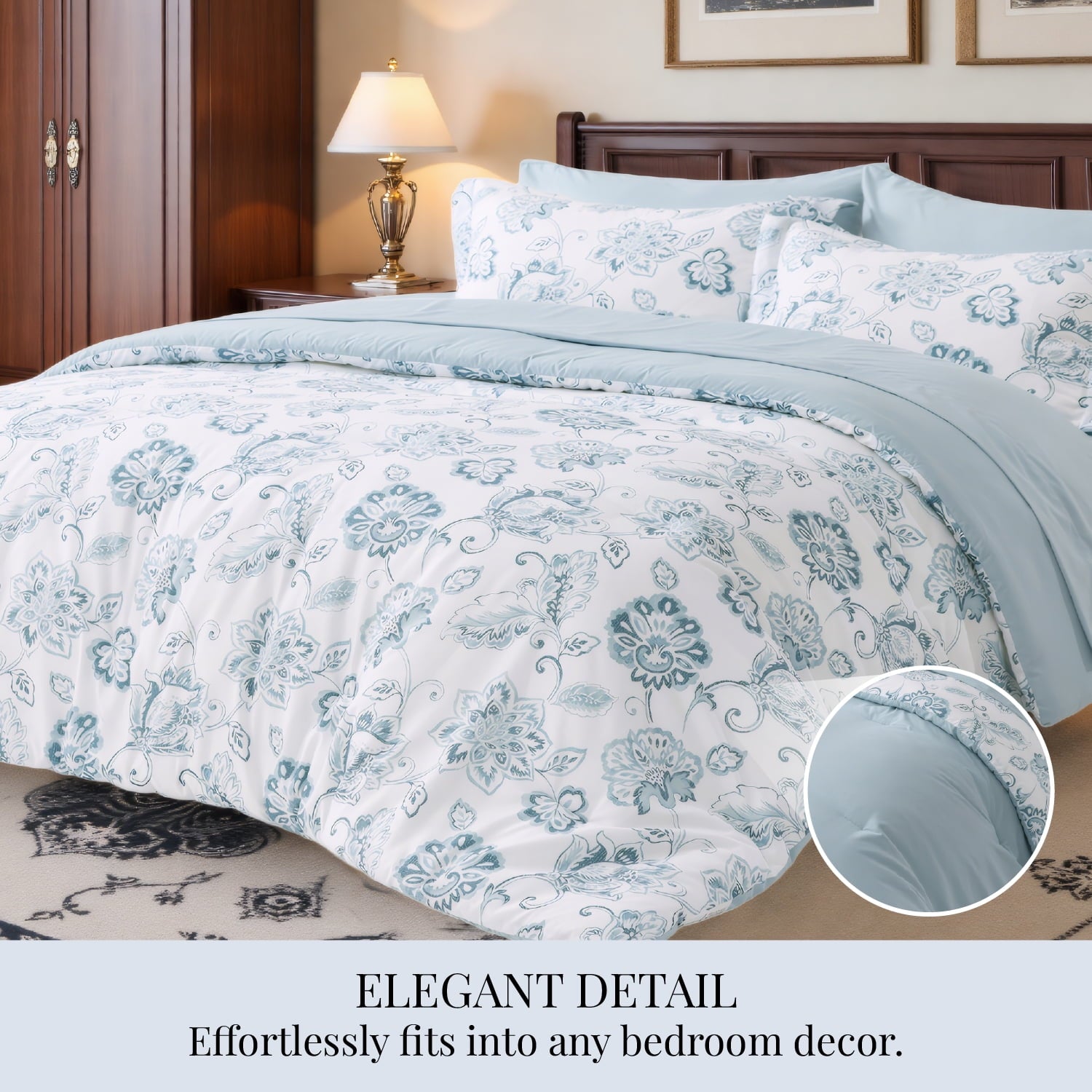 U by Bedsure Queen Comforter Set - 7 Pieces Blue Floral Bedding Sets Queen Bed in a Bag with Reversible Botanical Flowers Comforter, Sheets, Pillowcases & Shams (Queen, Blue)