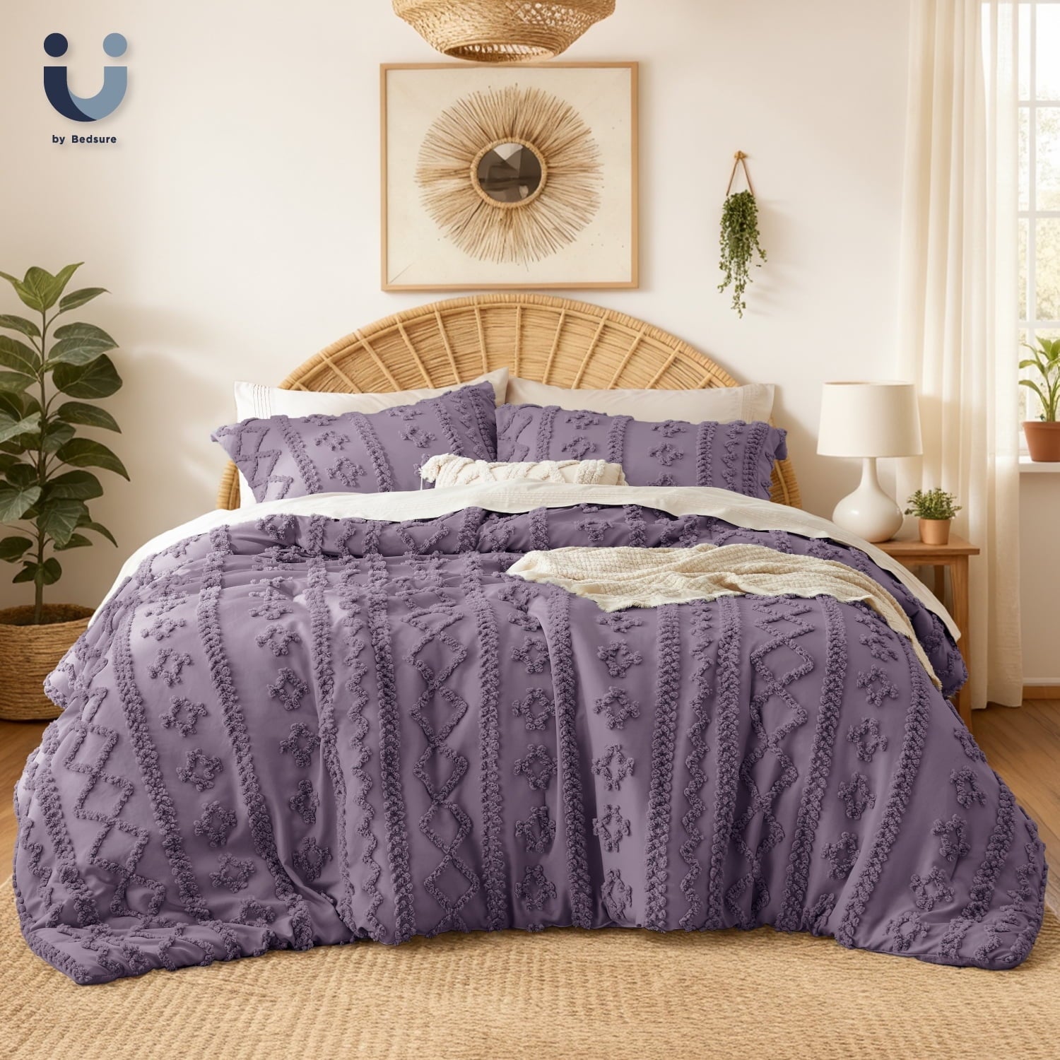 U by Bedsure Tufted Boho Comforter Set Queen, Beige, 3 Pieces Farmhouse Shabby Chic Embroidery Bed Set, Soft Jacquard Comforter for All Seasons