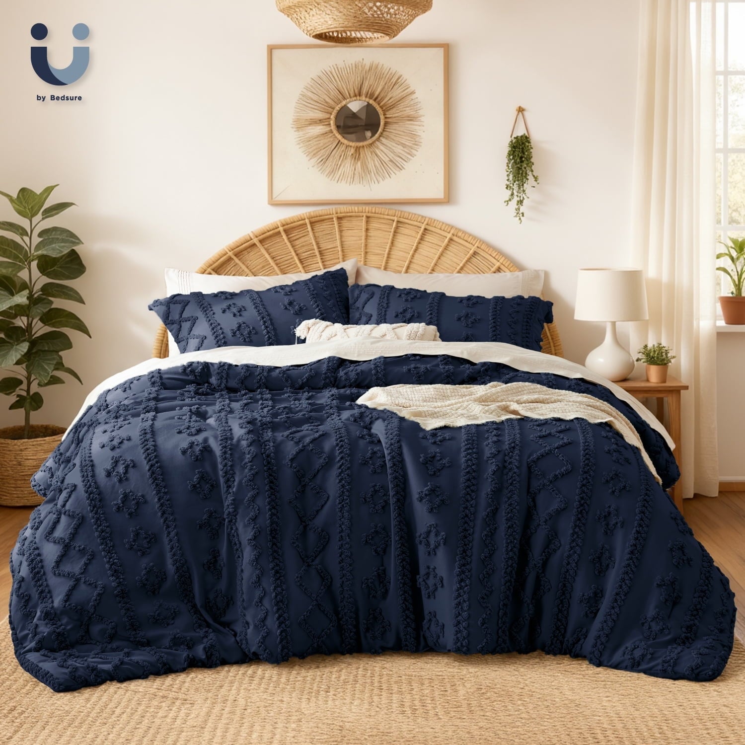 U by Bedsure Tufted Boho Comforter Set Queen, Beige, 3 Pieces Farmhouse Shabby Chic Embroidery Bed Set, Soft Jacquard Comforter for All Seasons