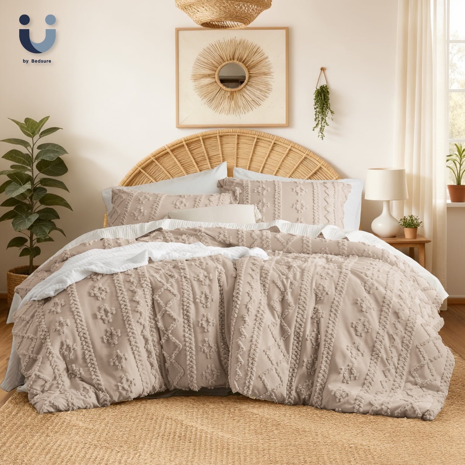 U by Bedsure Tufted Boho Comforter Set Queen, Beige, 3 Pieces Farmhouse Shabby Chic Embroidery Bed Set, Soft Jacquard Comforter for All Seasons