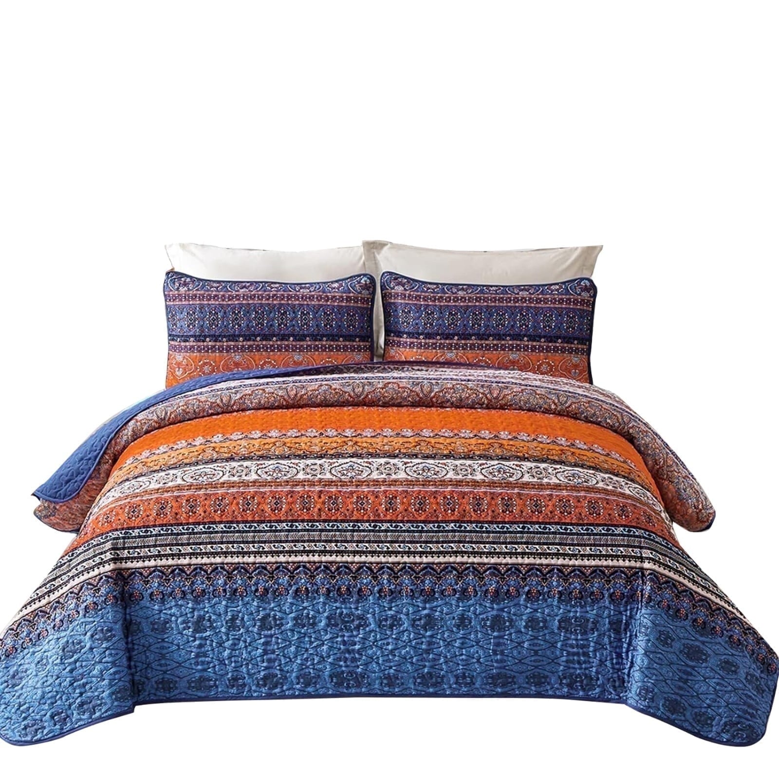 Dintszyayue Bohemian Quilt Set Queen Size,Blue Stripe 1Bedspread and 2Pillowcase Lightweight Adult(90"x96")