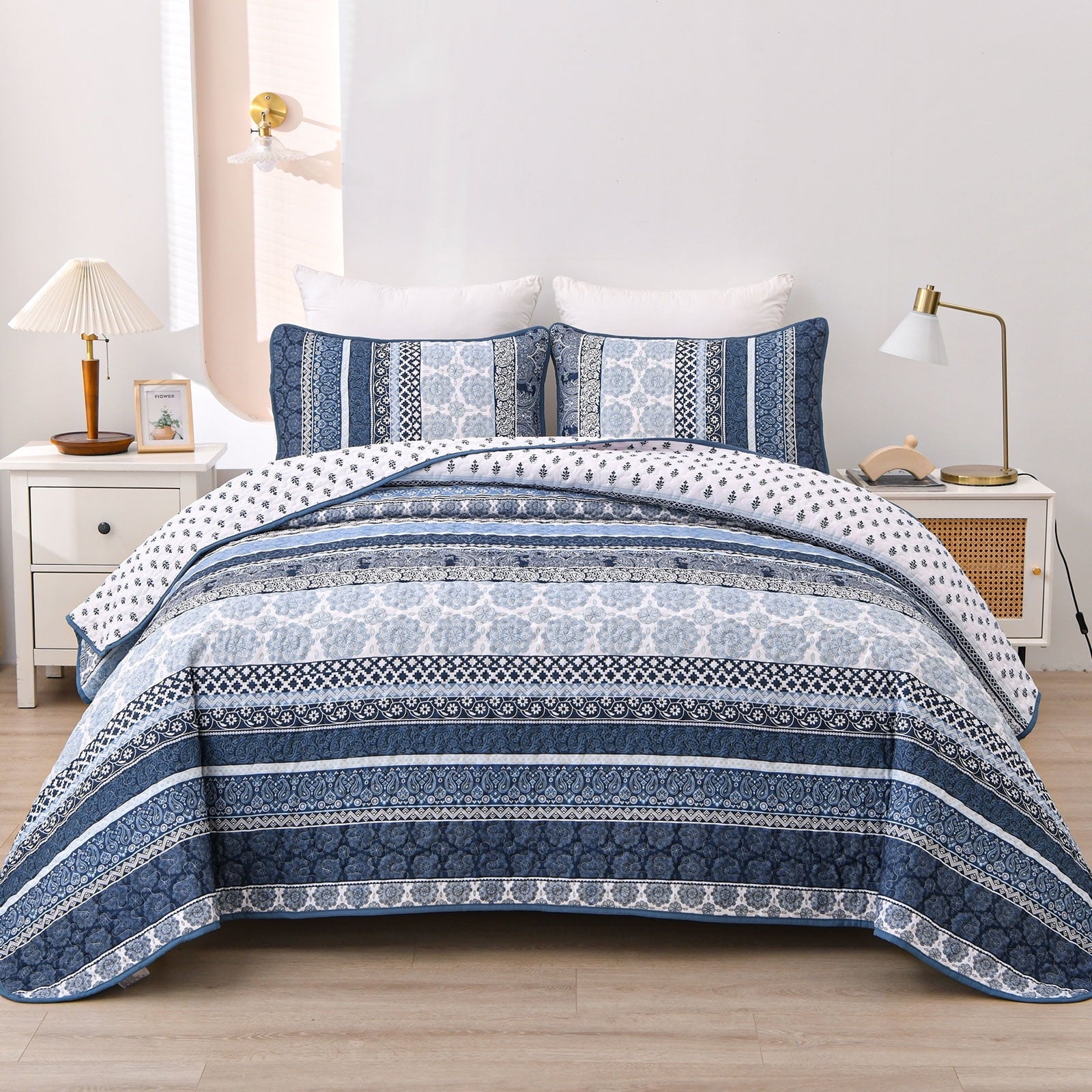 Dintszyayue Bohemian Quilt Set Queen Size,Blue Stripe 1Bedspread and 2Pillowcase Lightweight Adult(90"x96")