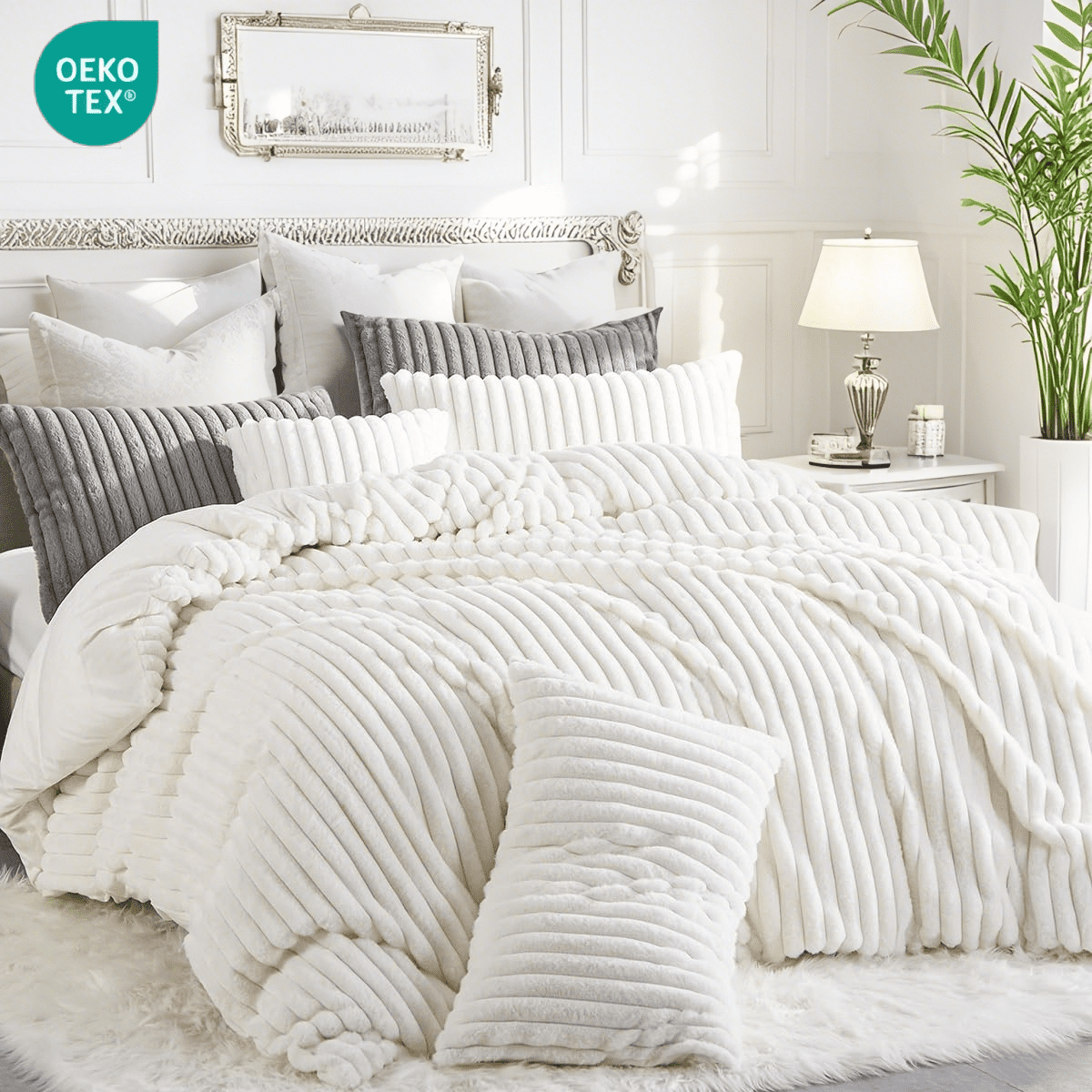 JOLUSERE Beige Fluffy Striped Duvet Cover Queen Set, 3-Piece Super Soft Faux Rabbit Fur Winter Warm Fuzzy Comforter Cover