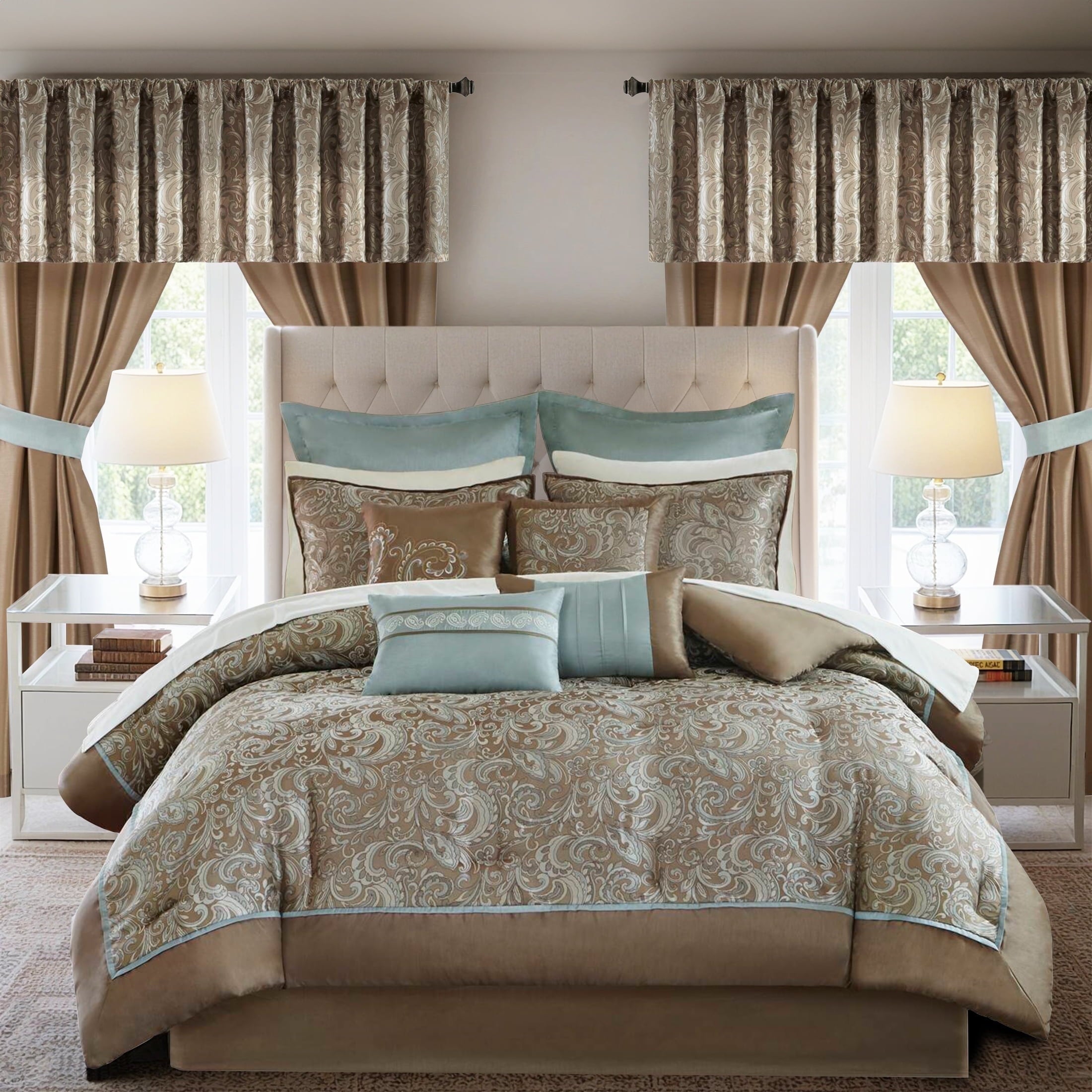 Regency Heights 24PCs Traditional Paisley Jacquard Comforter Set with Window Curtains,Room in a Bag,Queen,24 Pieces-Navy