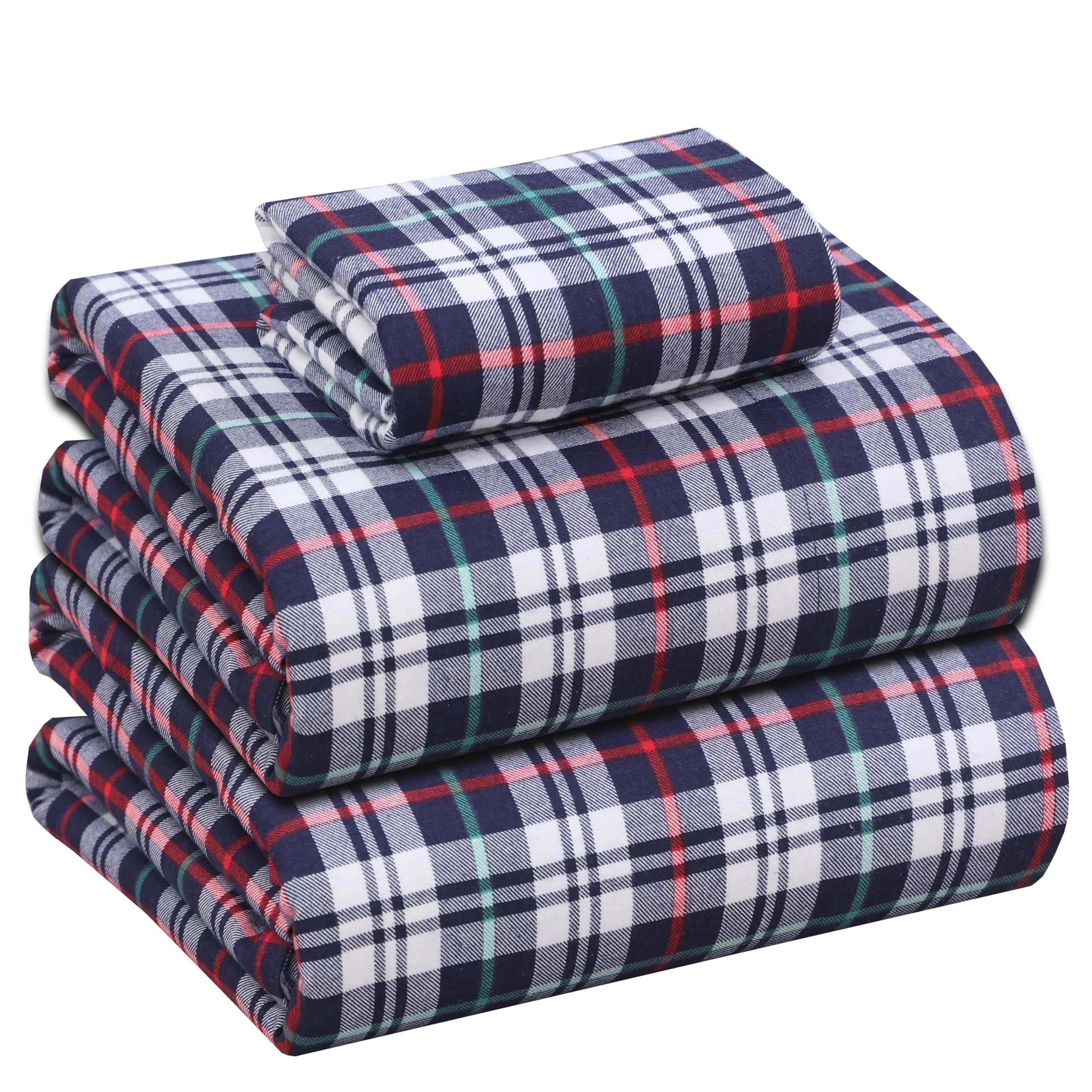 RUVANTI Flannel Sheets Queen Size - 100% Cotton Double Brushed Bed Sheets, Deep Pockets 16 Inches Queen Sheet Set, All Seasons Breathable & Extra Soft - Warm & Cozy, 4 Piece, Red Plaid