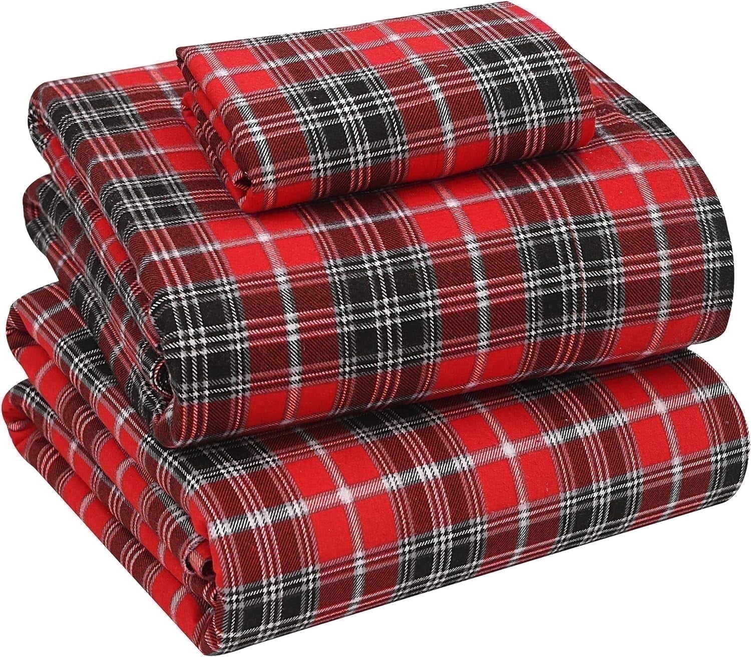 RUVANTI Flannel Sheets Queen Size - 100% Cotton Double Brushed Bed Sheets, Deep Pockets 16 Inches Queen Sheet Set, All Seasons Breathable & Extra Soft - Warm & Cozy, 4 Piece, Red Plaid