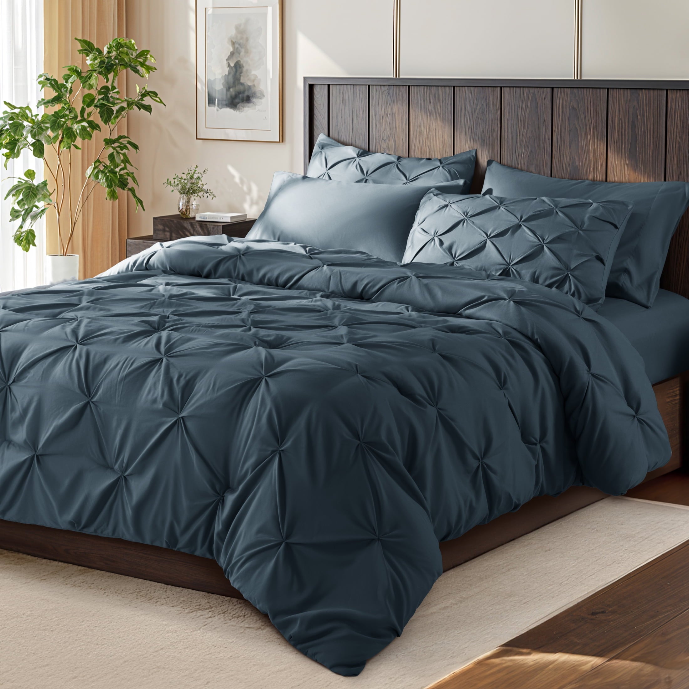 SONORO KATE Queen Comforter Set, 7 Pieces Bedding Sets for All Season, Bed in a Bag with Pleated Comforter - Flat Sheet & Fitted Sheet - Pillowcases & Shams, Gray
