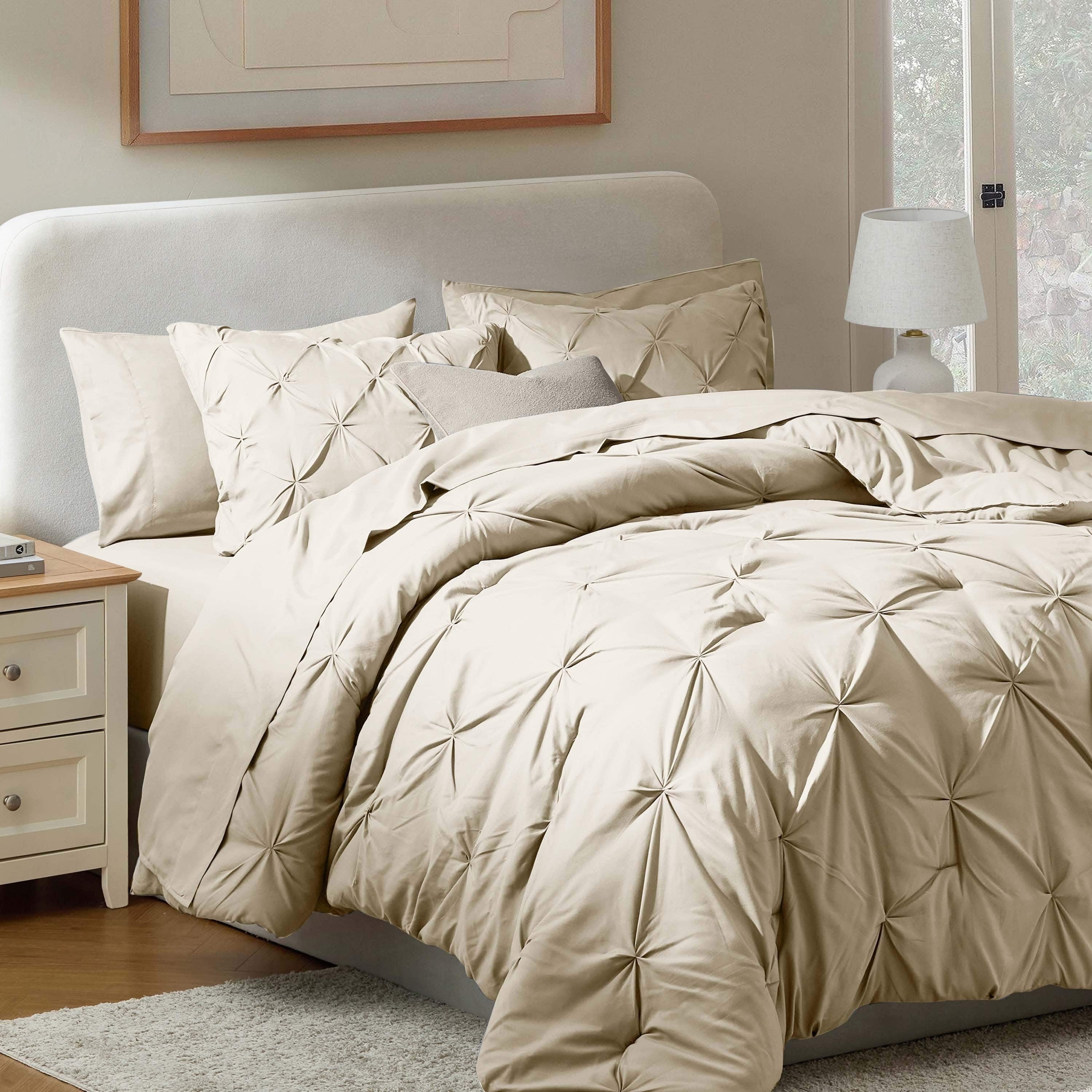 Virtu Queen Comforter Set, 7pc Bed in a Bag, Pleated Bedding Comforter Sets Queen, Gray/Silver