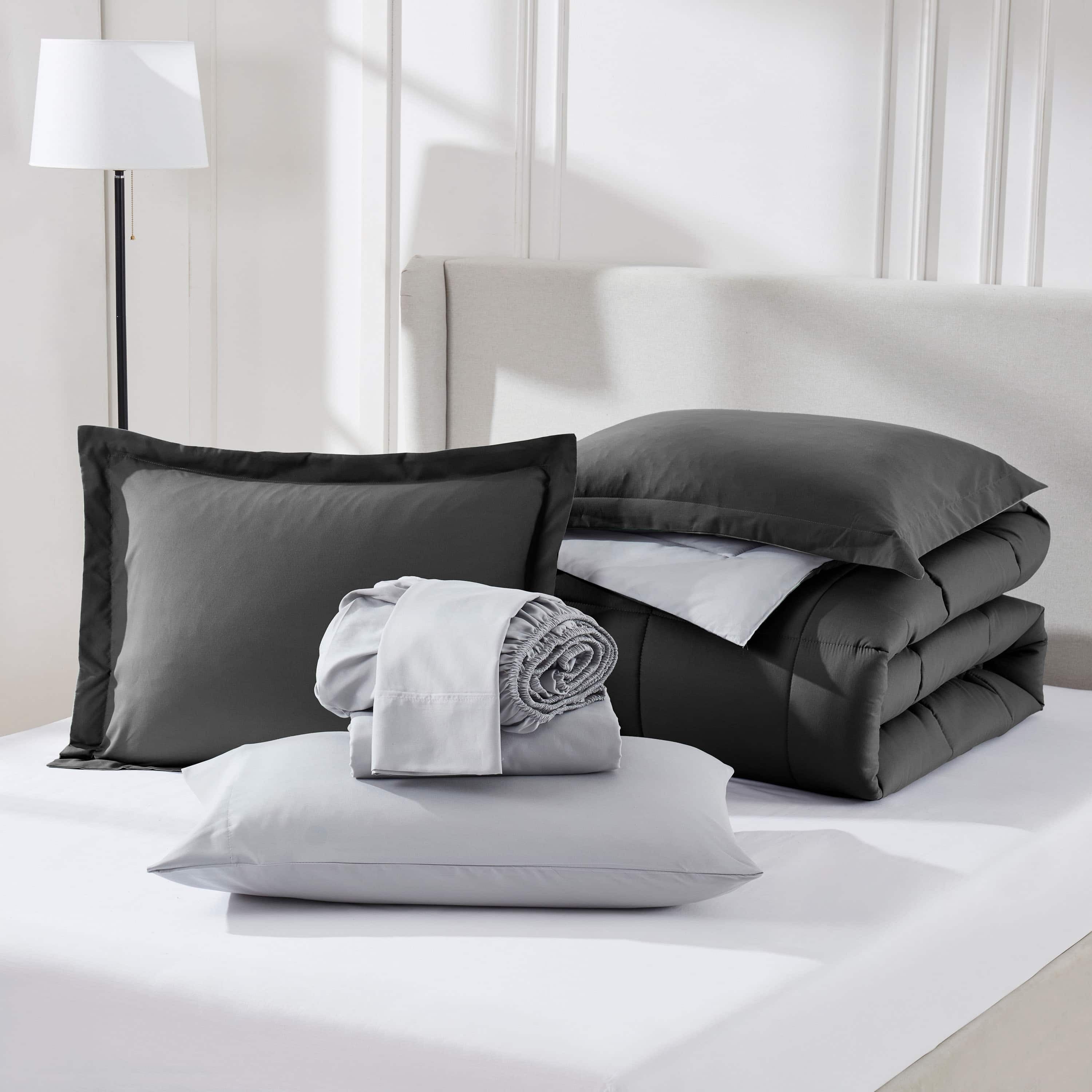 Virtu Queen Comforter Set, Bed in a bag, 7 Pc Reversible Bedding Comforter Set with Sheets, Bedding Set, Gray