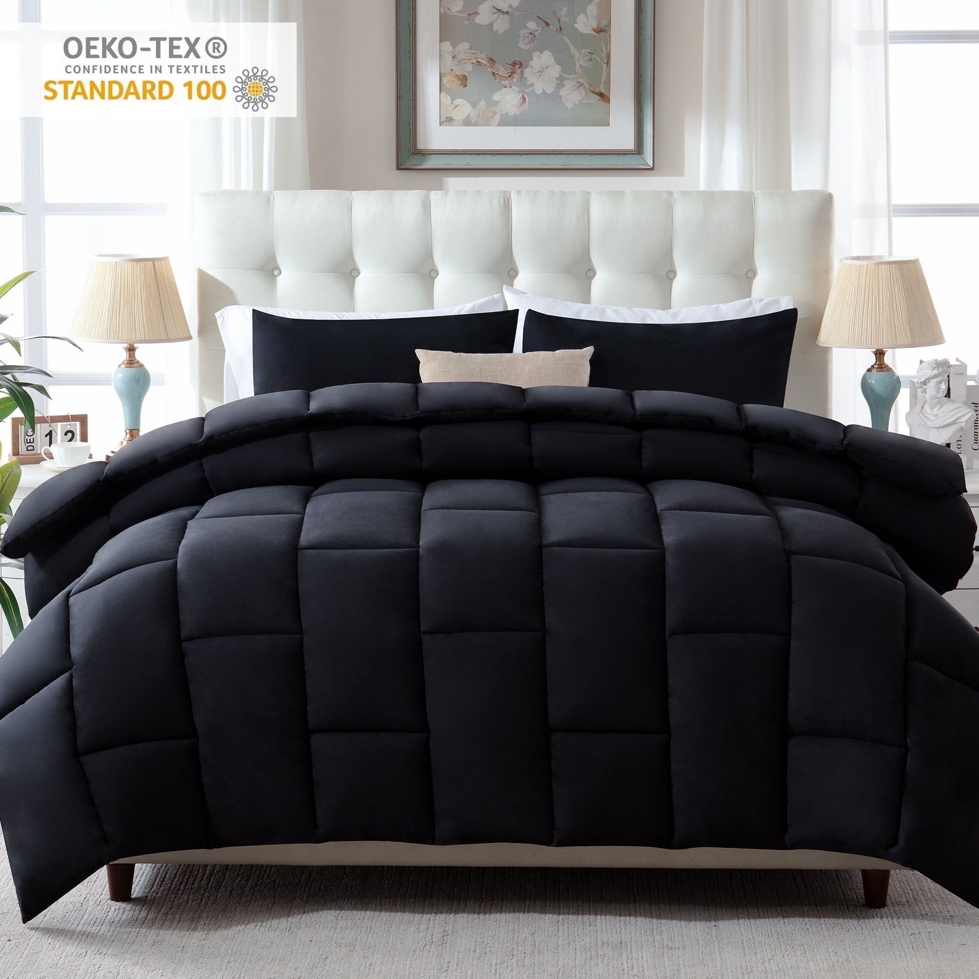 Yalamila Queen Size Comforter Set 3-Piece All-Season Down Alternative Reversible Comforter Set,Black/Grey,200GSM Cooling Quilted Duvet Insert,95 GSM Soft Cover Bed in a Bag