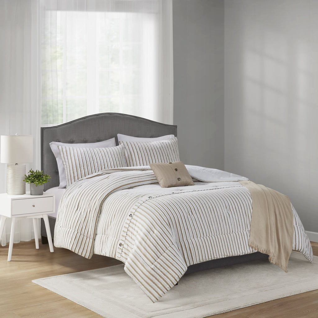 Mainstays 5-Piece Tan Striped Comforter Set, Full/Queen