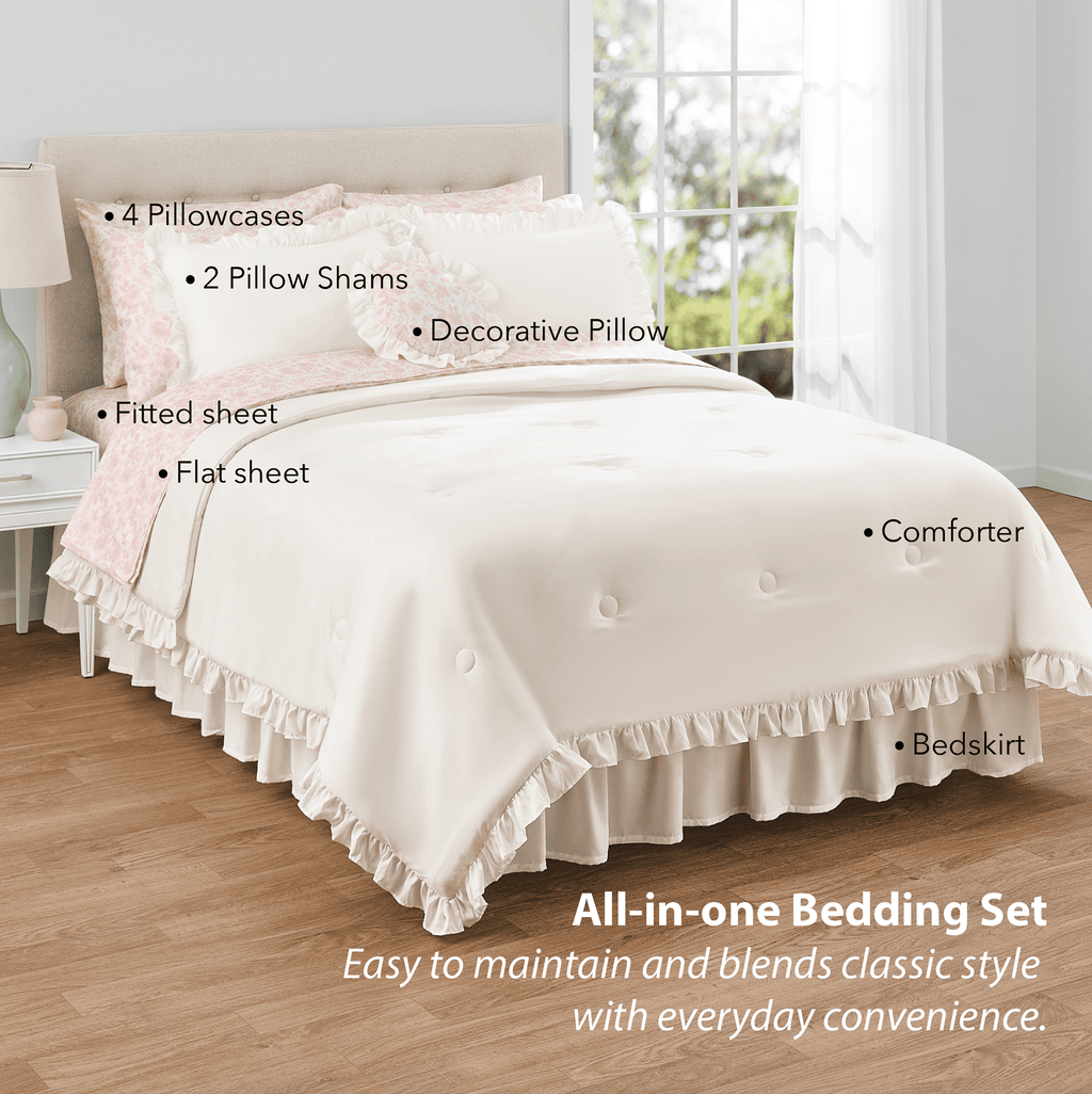 Mainstays 11-Piece Bed in a Bag Comforter Set with Sheets, Cream Ruffle, Queen