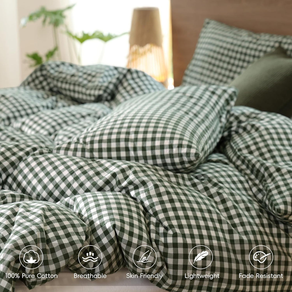 NAYOROOM 100% Organic Cotton Gingham Duvet Cover Queen Set, 3-Piece Linen Like Textured Breathable Soft Bedding Cover (Dark Green Gingham)