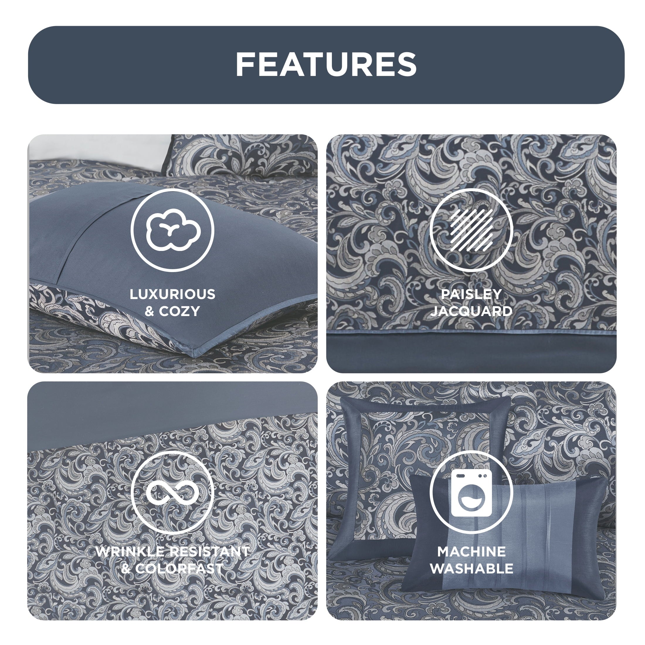 Regency Heights 24PCs Traditional Paisley Jacquard Comforter Set with Window Curtains,Room in a Bag,Queen,24 Pieces-Navy