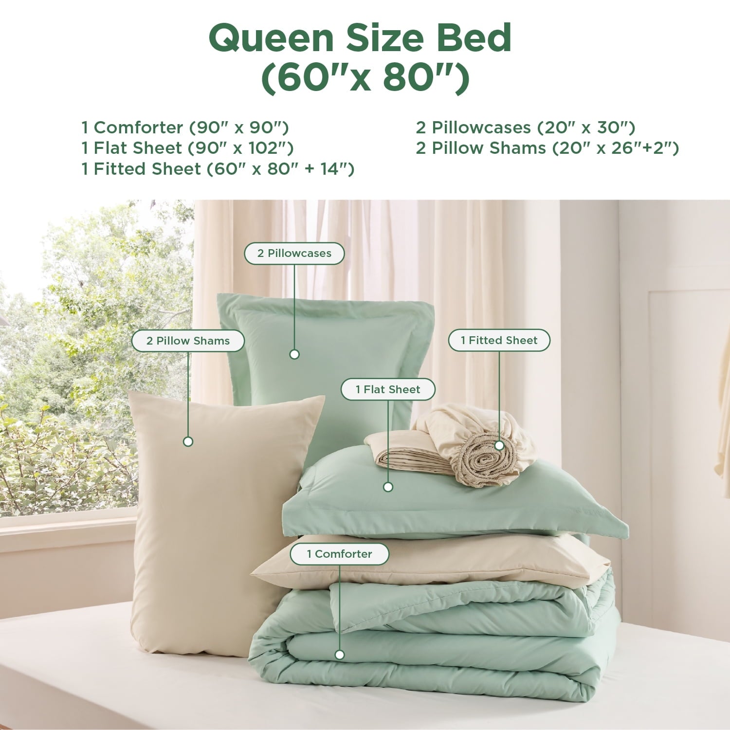 Queen Comforter Set Sage Green, 7 Pieces Soft Comforter with Sheets, Pillowcases & Shams, All Season Boho, Contrasting Design, 80GSM