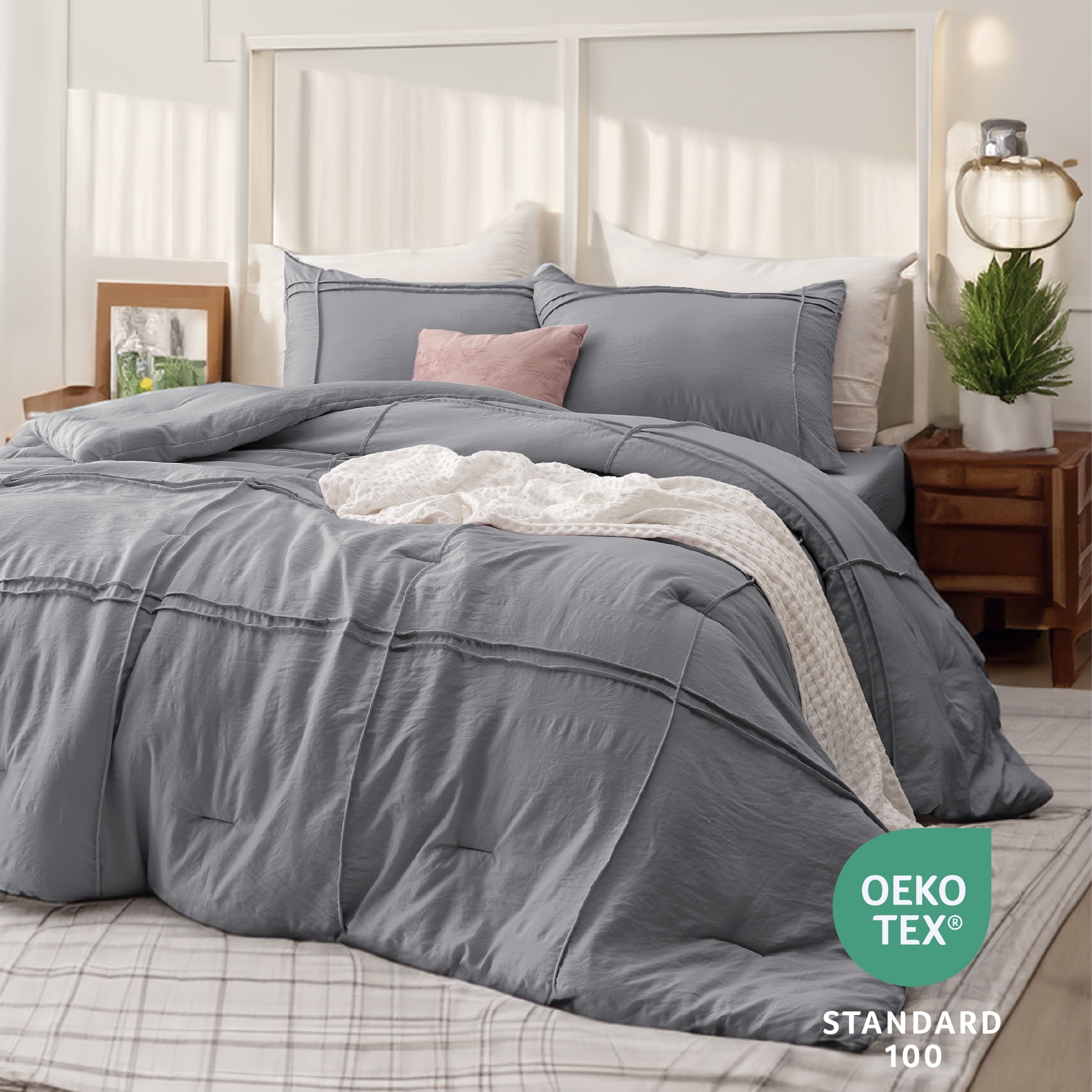 Full Comforter Set with Sheet - 4 Pieces Soft Grey Bedding Sets, Grid Pinch Pleat, All Season Lightweight Fluffy Bed Set with Solid Boho Comforter, Pillowcases & Sheet