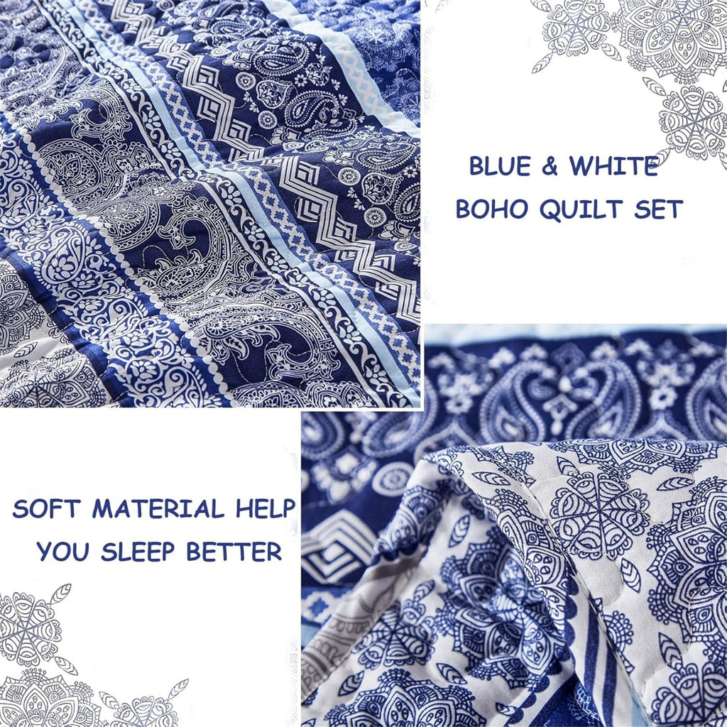 Dintszyayue Bohemian Quilt Set Queen Size,Blue Stripe 1Bedspread and 2Pillowcase Lightweight Adult(90"x96")