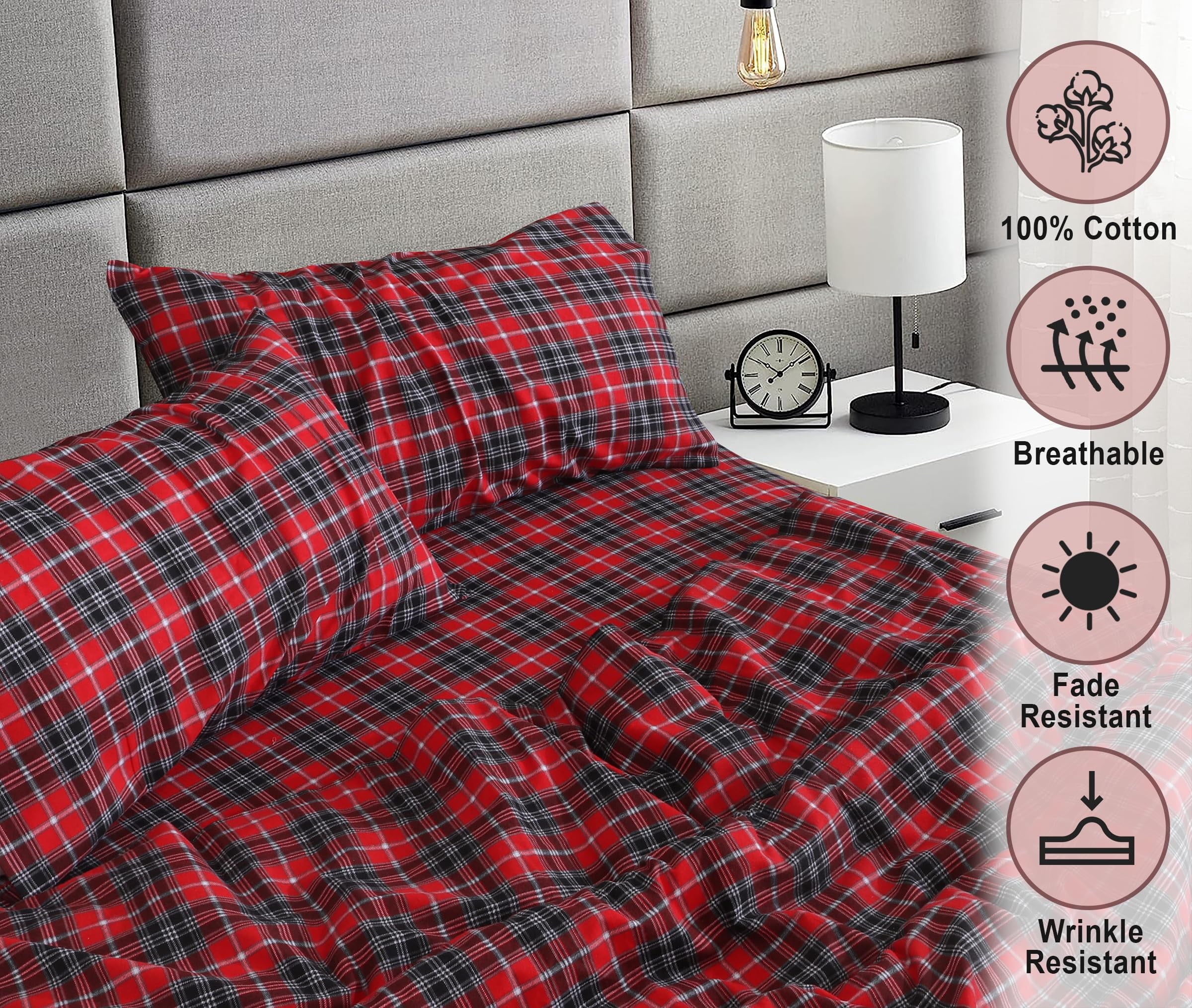 RUVANTI Flannel Sheets Queen Size - 100% Cotton Double Brushed Bed Sheets, Deep Pockets 16 Inches Queen Sheet Set, All Seasons Breathable & Extra Soft - Warm & Cozy, 4 Piece, Red Plaid