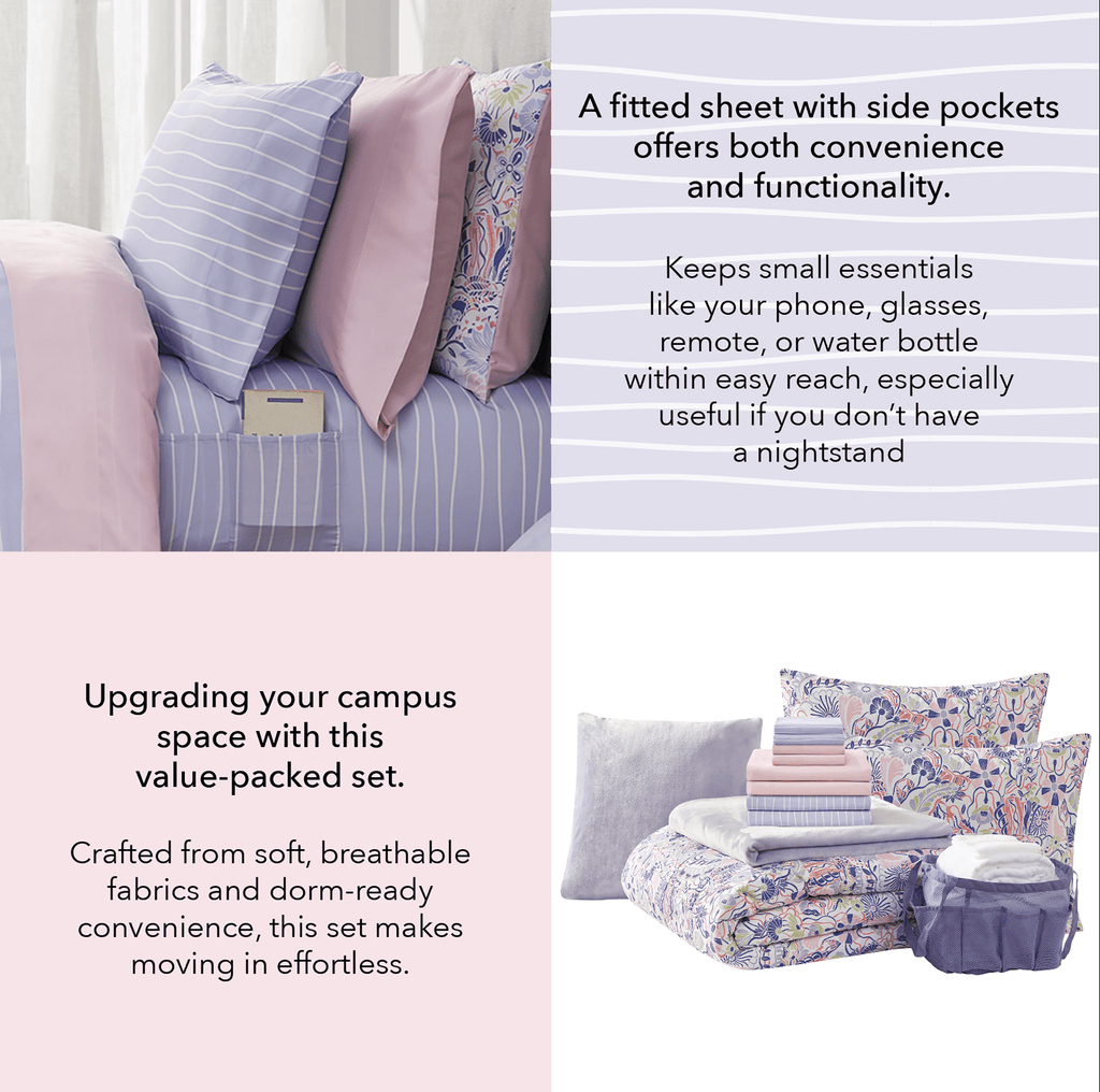 14pc College Dorm Essentials Bundle, Twin-XL, Reversible Bed in a Bag Comforter Set, Purple Floral