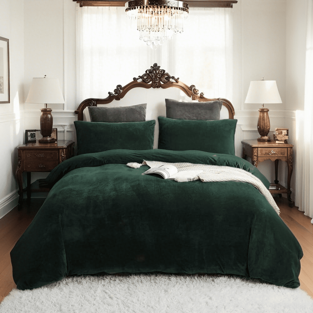 JOLUSERE Dark Green Velvet Duvet Cover King Set, 3-Piece Ultra Soft Fluffy Velvet Winter Bedding Cover