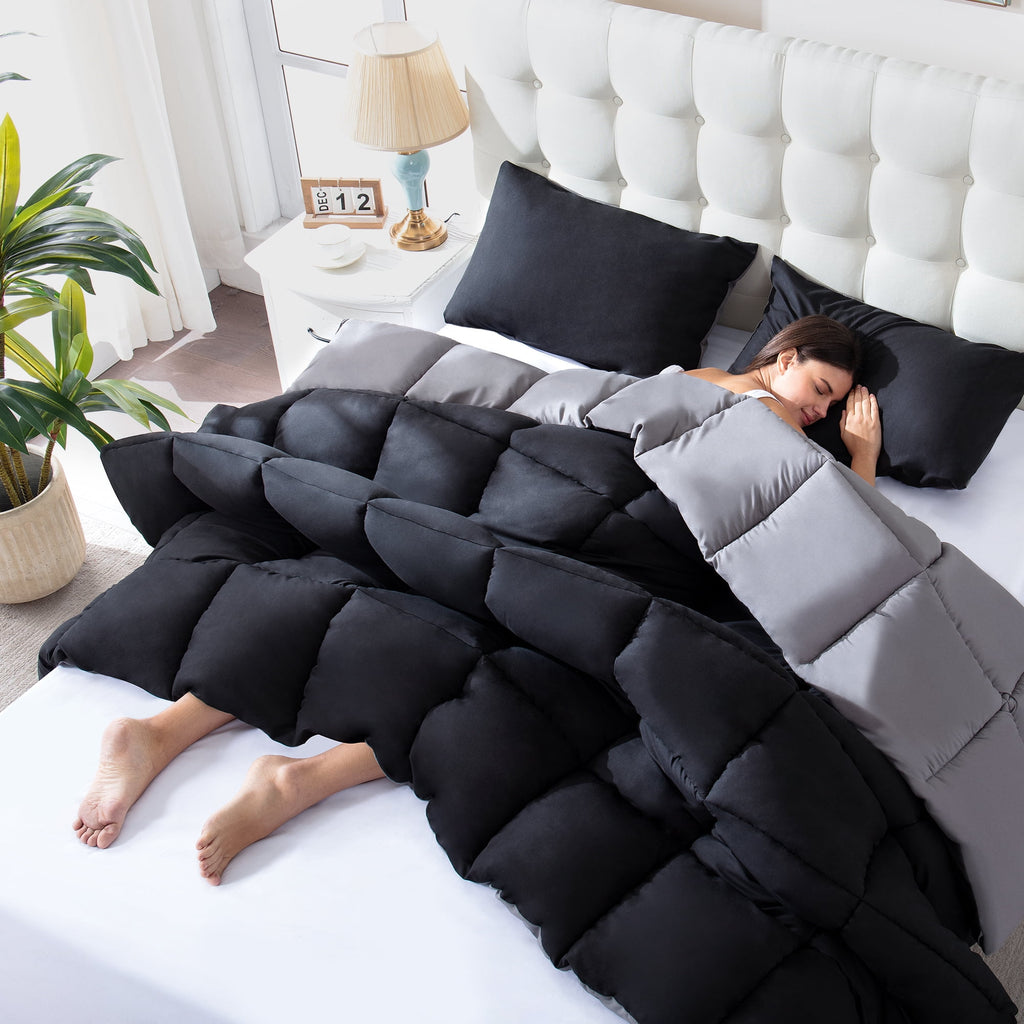 Yalamila Queen Size Comforter Set 3-Piece All-Season Down Alternative Reversible Comforter Set,Black/Grey,200GSM Cooling Quilted Duvet Insert,95 GSM Soft Cover Bed in a Bag