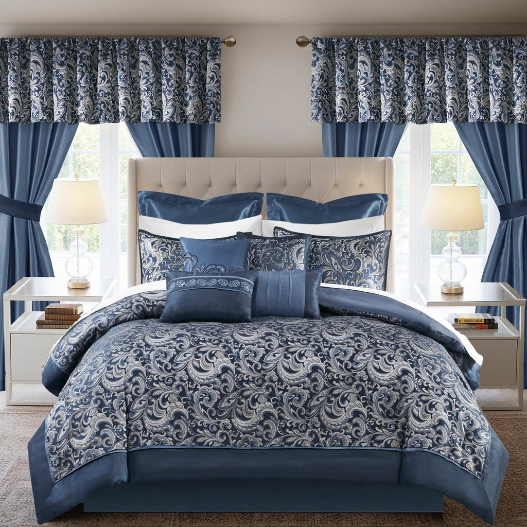 Regency Heights 24PCs Traditional Paisley Jacquard Comforter Set with Window Curtains,Room in a Bag,Queen,24 Pieces-Navy