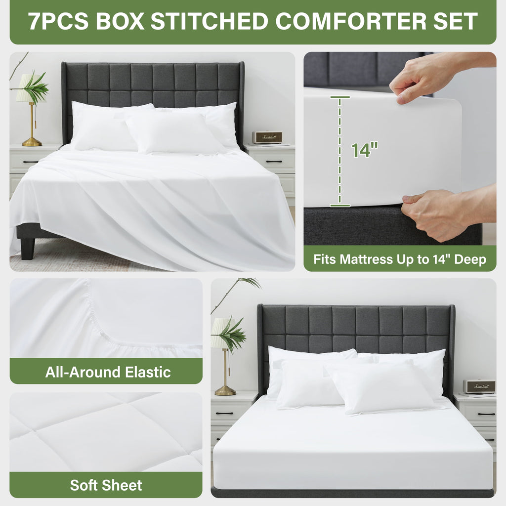 Vccoem 7 Piece Comforter Set Queen Size, All Season Bed in a Bag, Ultra Soft Bedding with Comforter, Sheets, Pillowcases & Shams, White